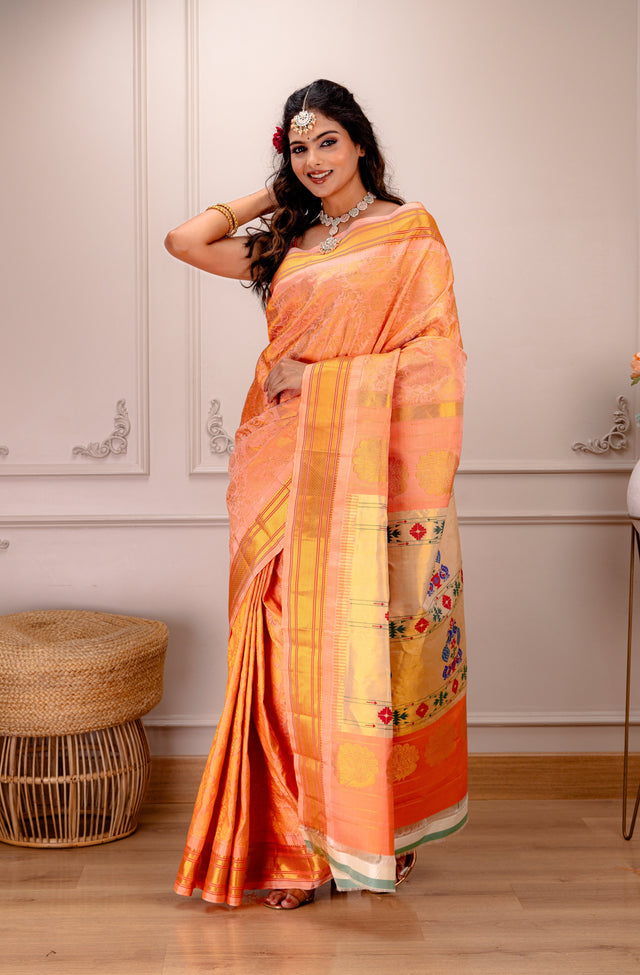 Brocade Paithani Handloom Pure Silk With Stitched Blouse AUS Saree Rani Zaver