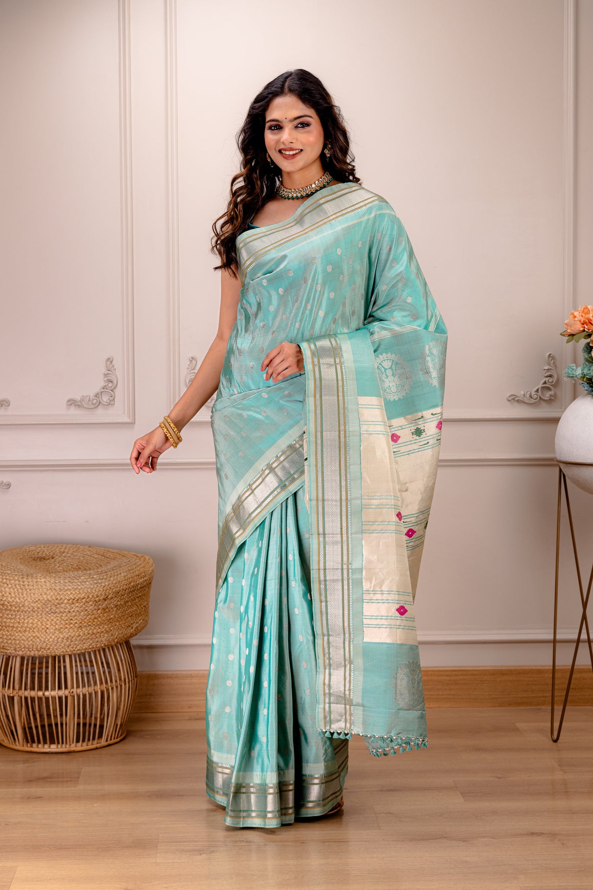 Maharani Kalanjali Pastel shade (Powder blue) Silver Zari Paithani Handloom Pure Silk
