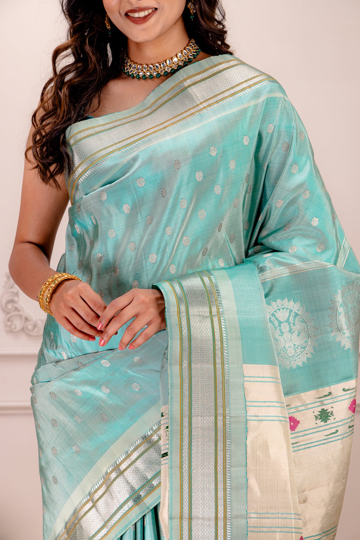 Maharani Kalanjali Pastel shade (Powder blue) Silver Zari Paithani Handloom Pure Silk