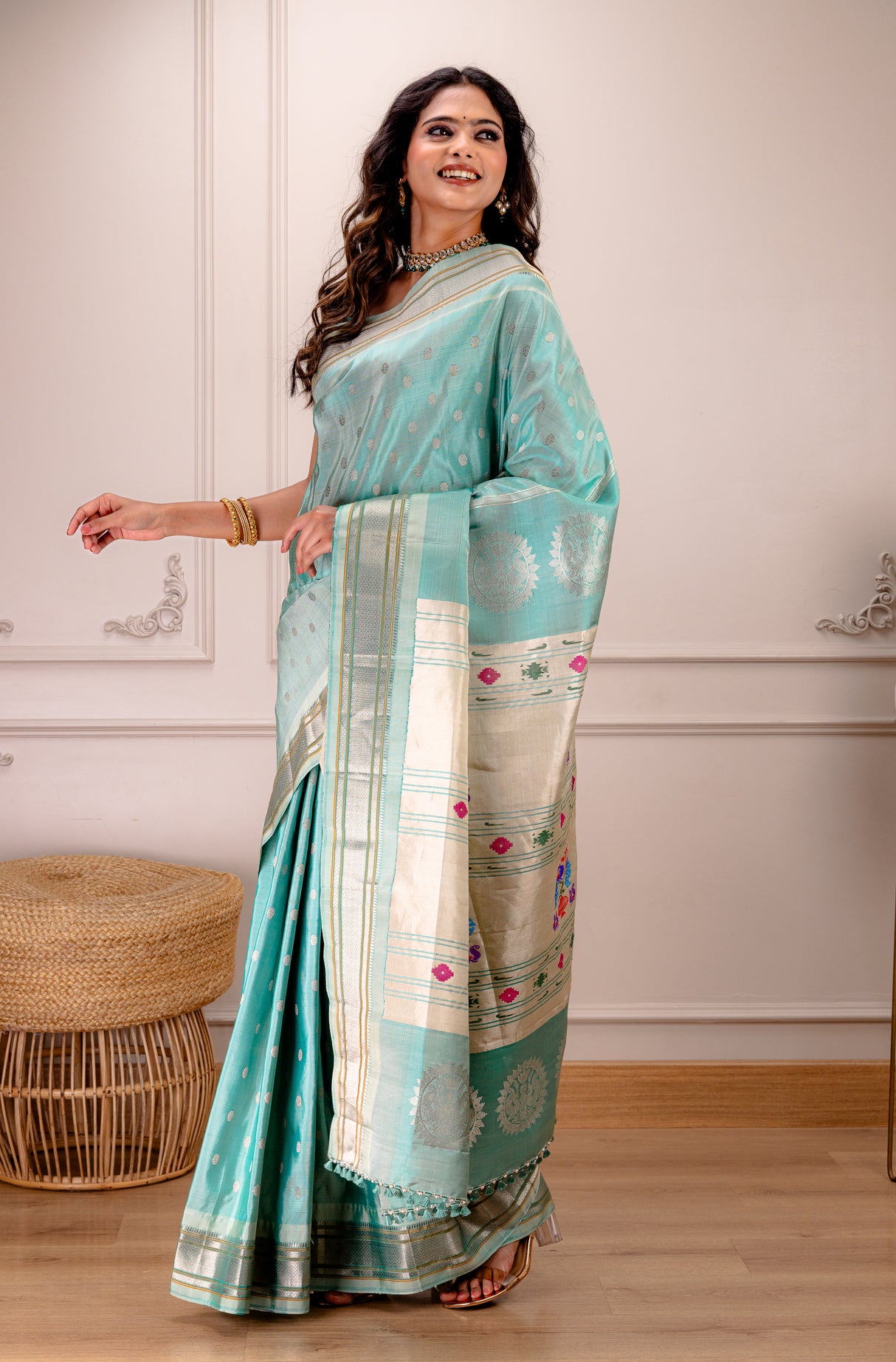 Maharani Kalanjali Pastel shade (Powder blue) Silver Zari Paithani Handloom Pure Silk