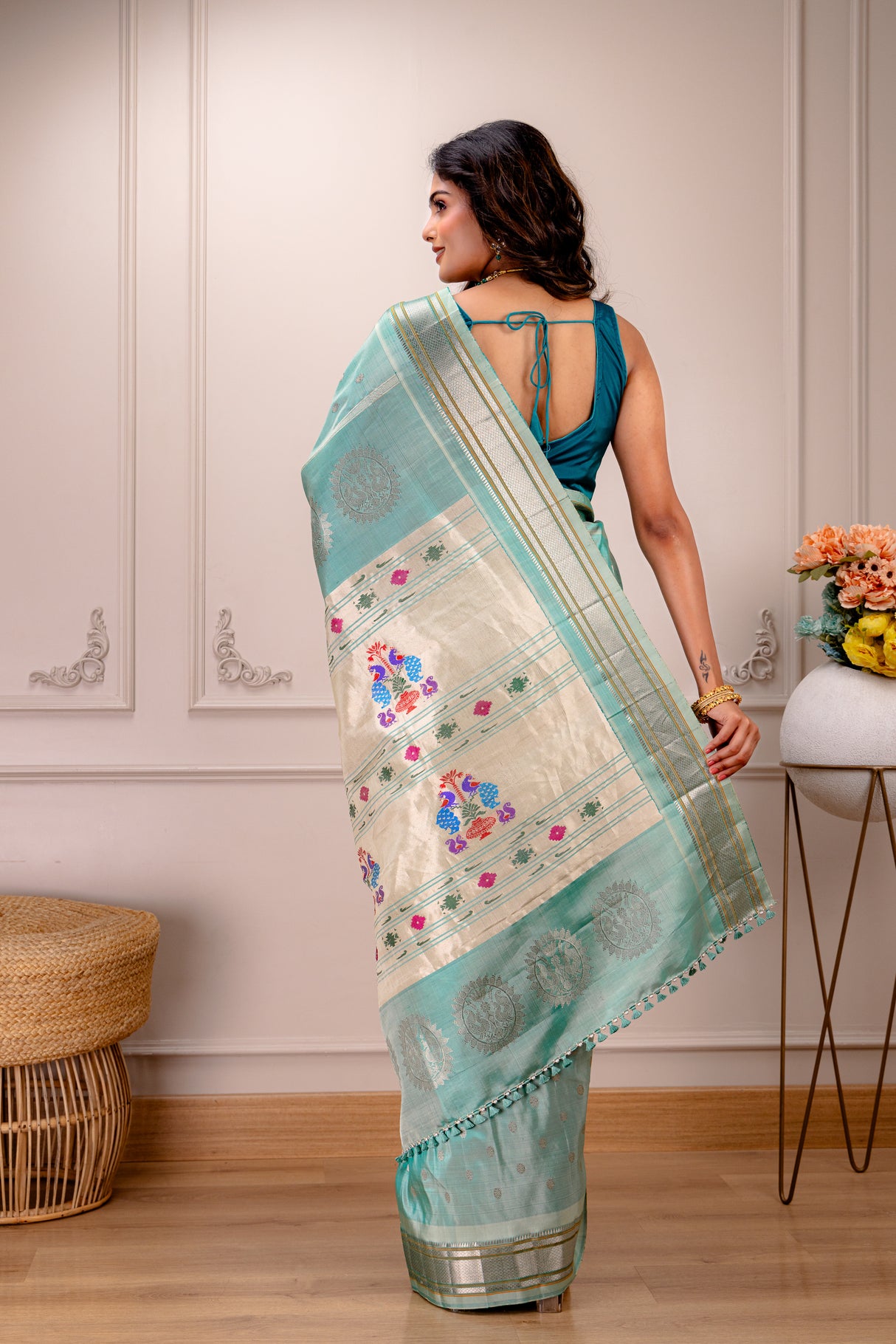 Maharani Kalanjali Pastel shade (Powder blue) Silver Zari Paithani Handloom Pure Silk
