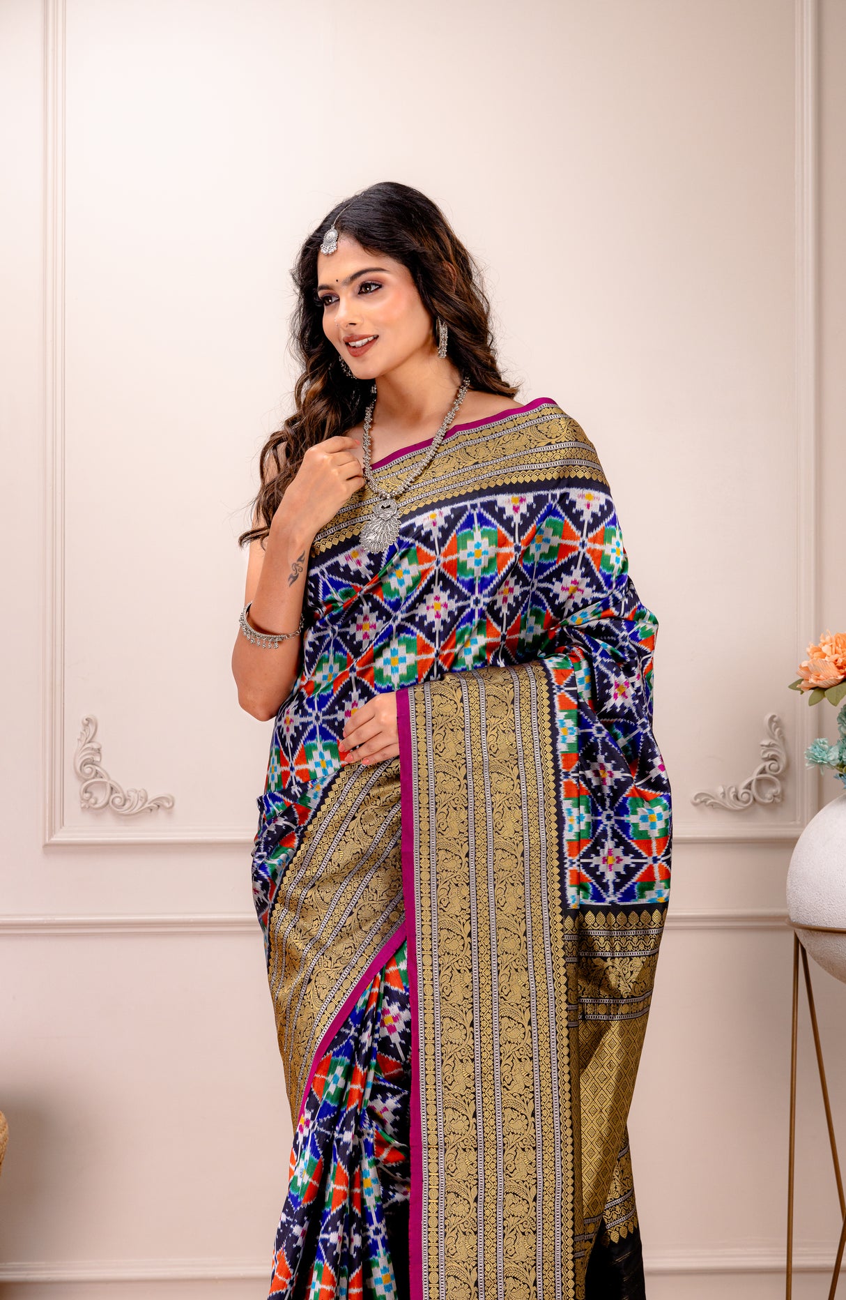 Ikkat Kanchipuram Fusion Handloom Pure Silk with Pre-Stitched Blouse