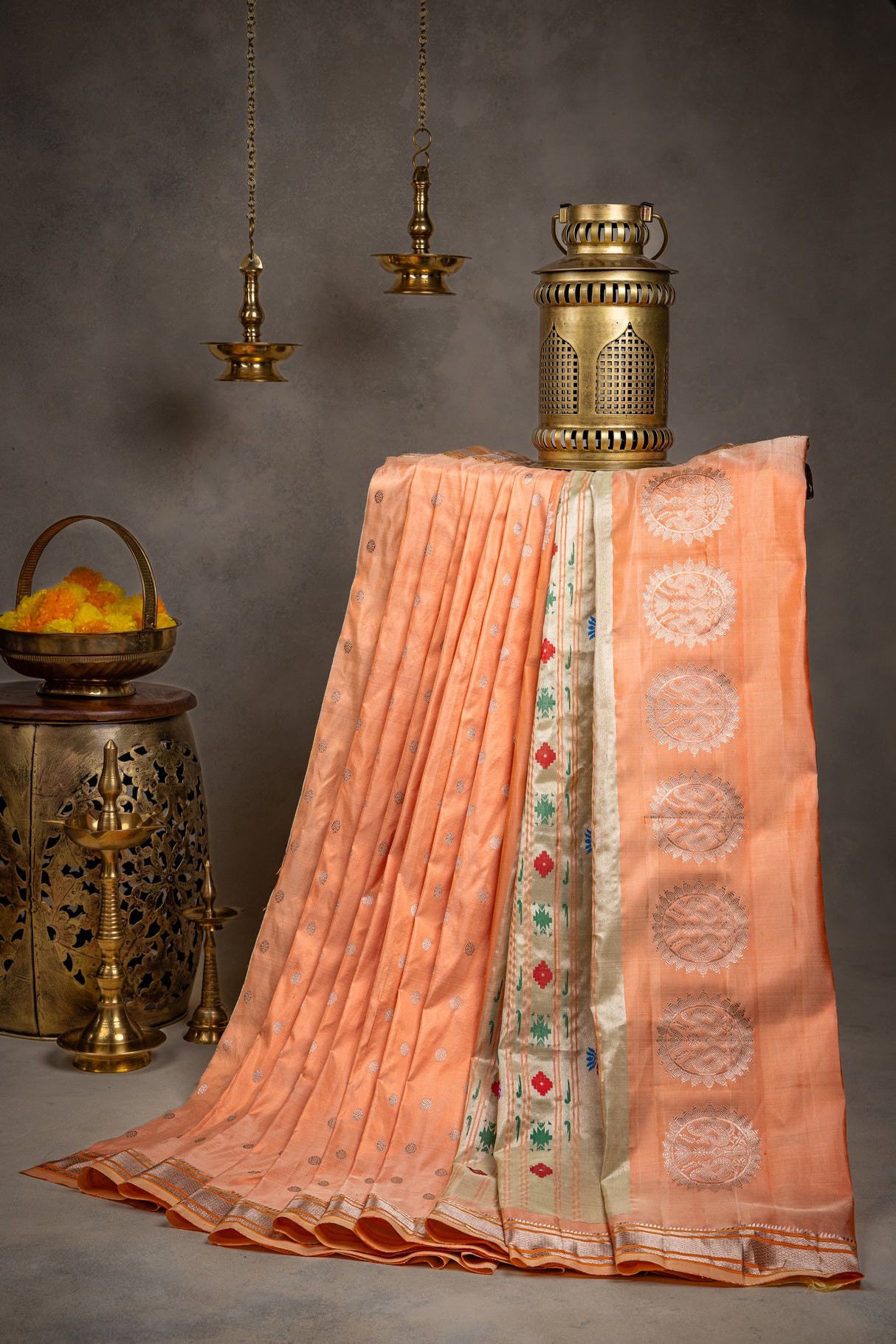 Maharani Kalanjali Pastel shade (peach pink mix) Silver Zari Paithani Handloom Pure Silk