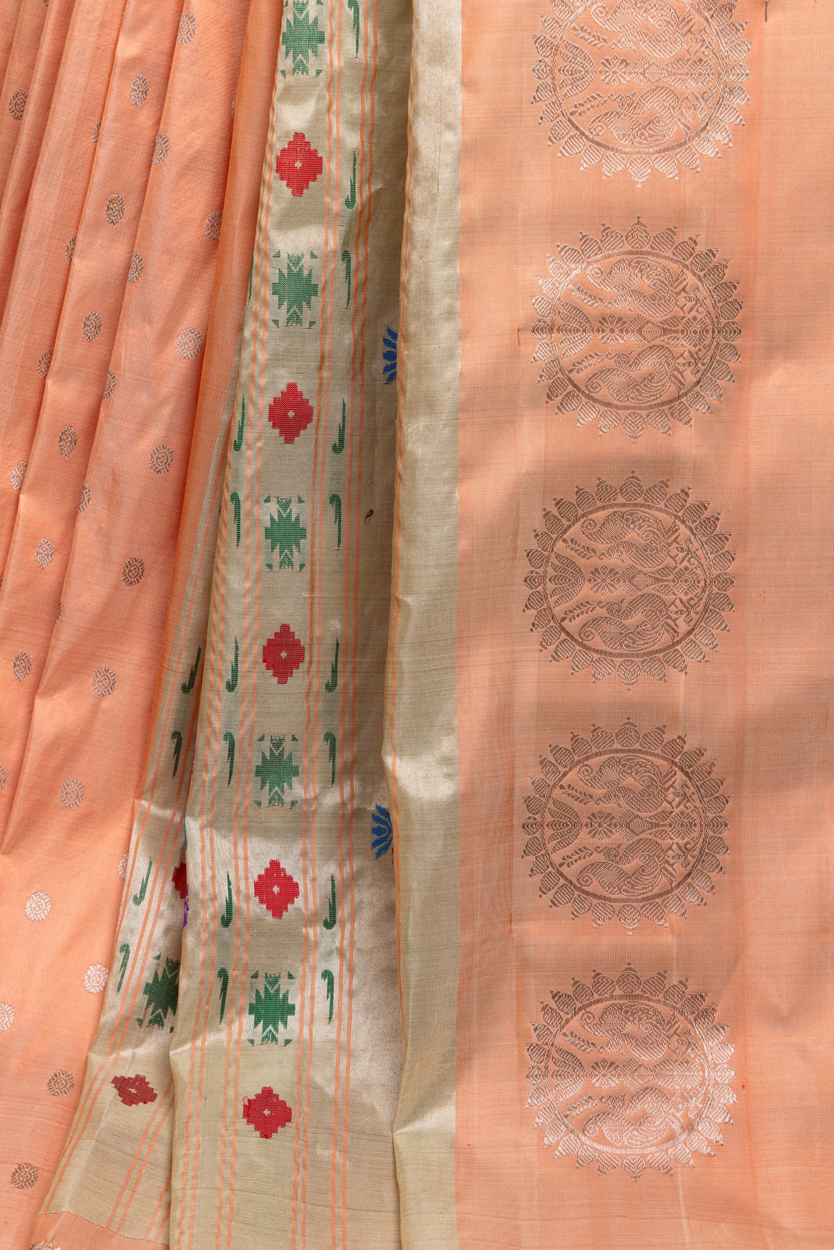 Maharani Kalanjali Pastel shade (peach pink mix) Silver Zari Paithani Handloom Pure Silk