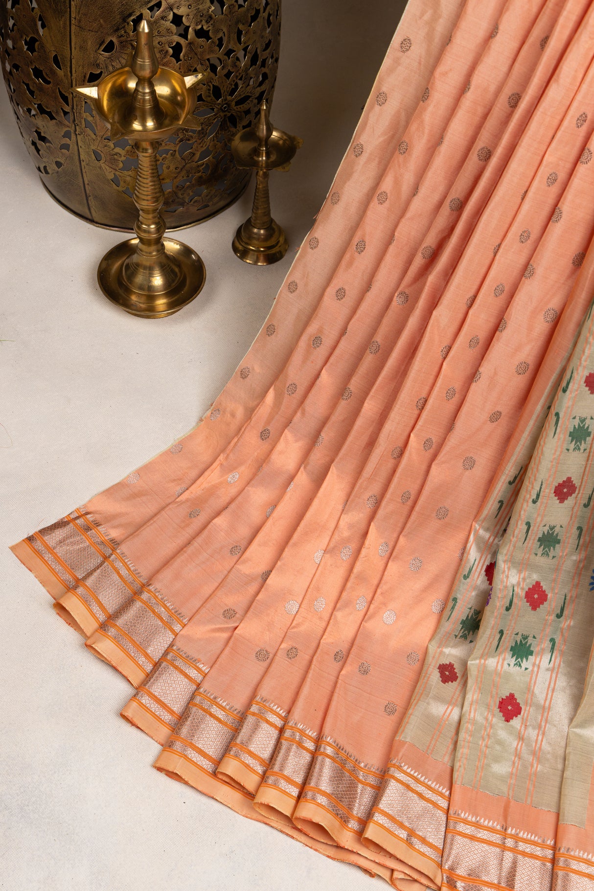 Maharani Kalanjali Pastel shade (peach pink mix) Silver Zari Paithani Handloom Pure Silk