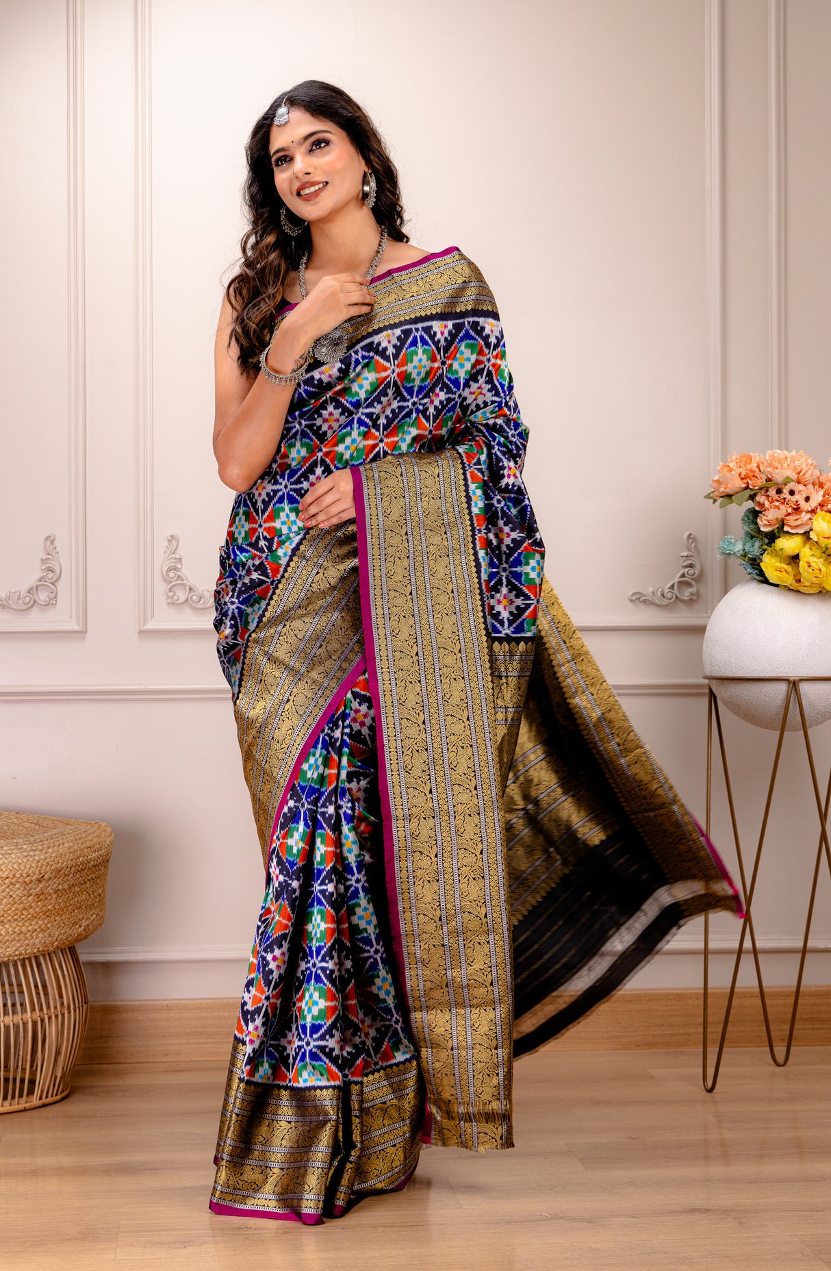 Ikkat Kanchipuram Fusion Handloom Pure Silk with Pre-Stitched Blouse