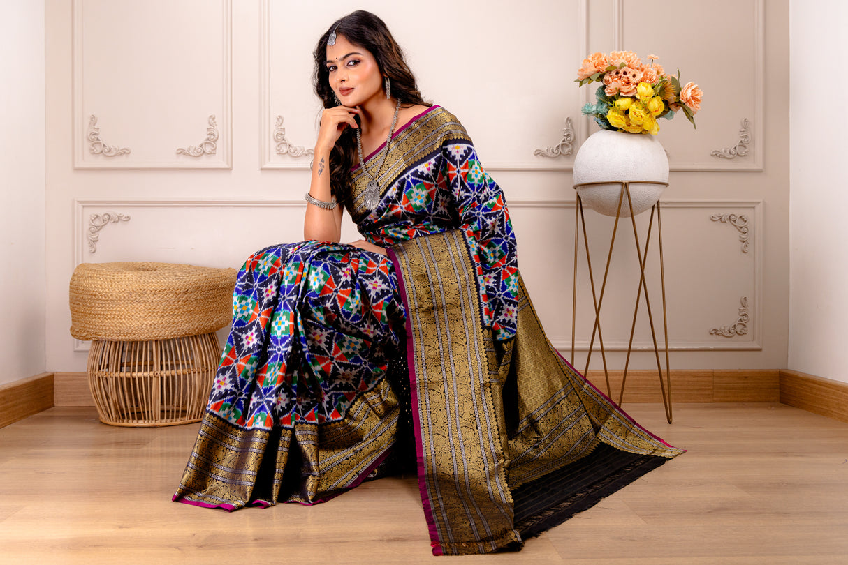 Ikkat Kanchipuram Fusion Handloom Pure Silk with Pre-Stitched Blouse
