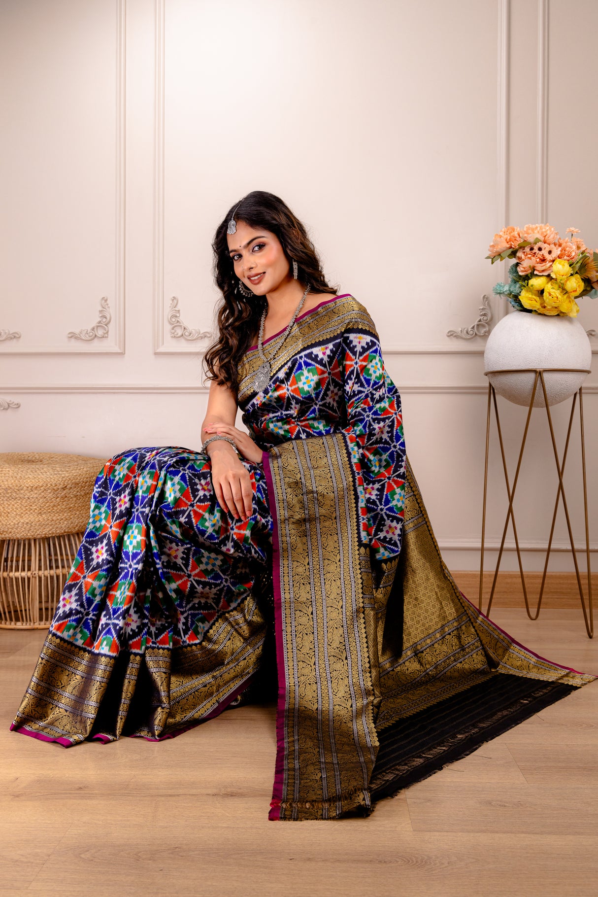 Ikkat Kanchipuram Fusion Handloom Pure Silk with Pre-Stitched Blouse