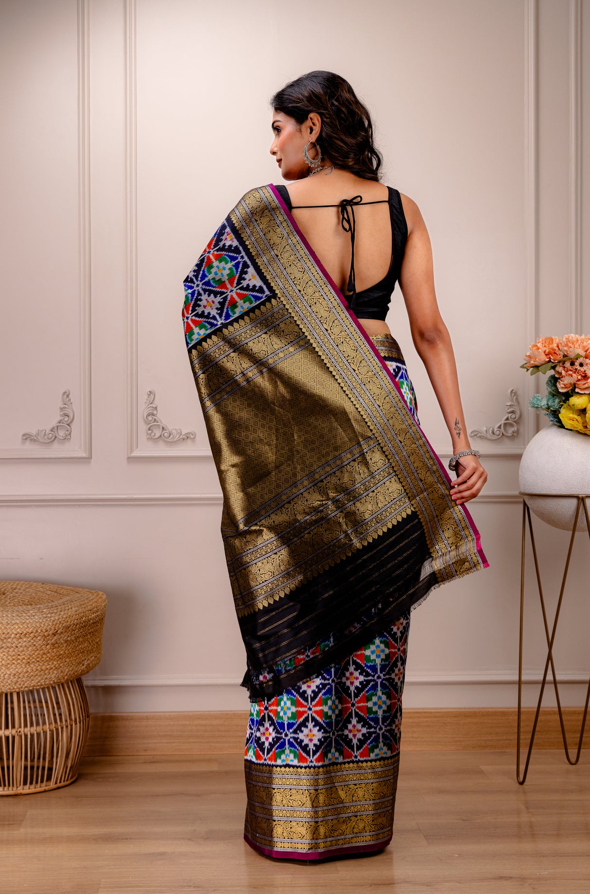 Ikkat Kanchipuram Fusion Handloom Pure Silk with Pre-Stitched Blouse