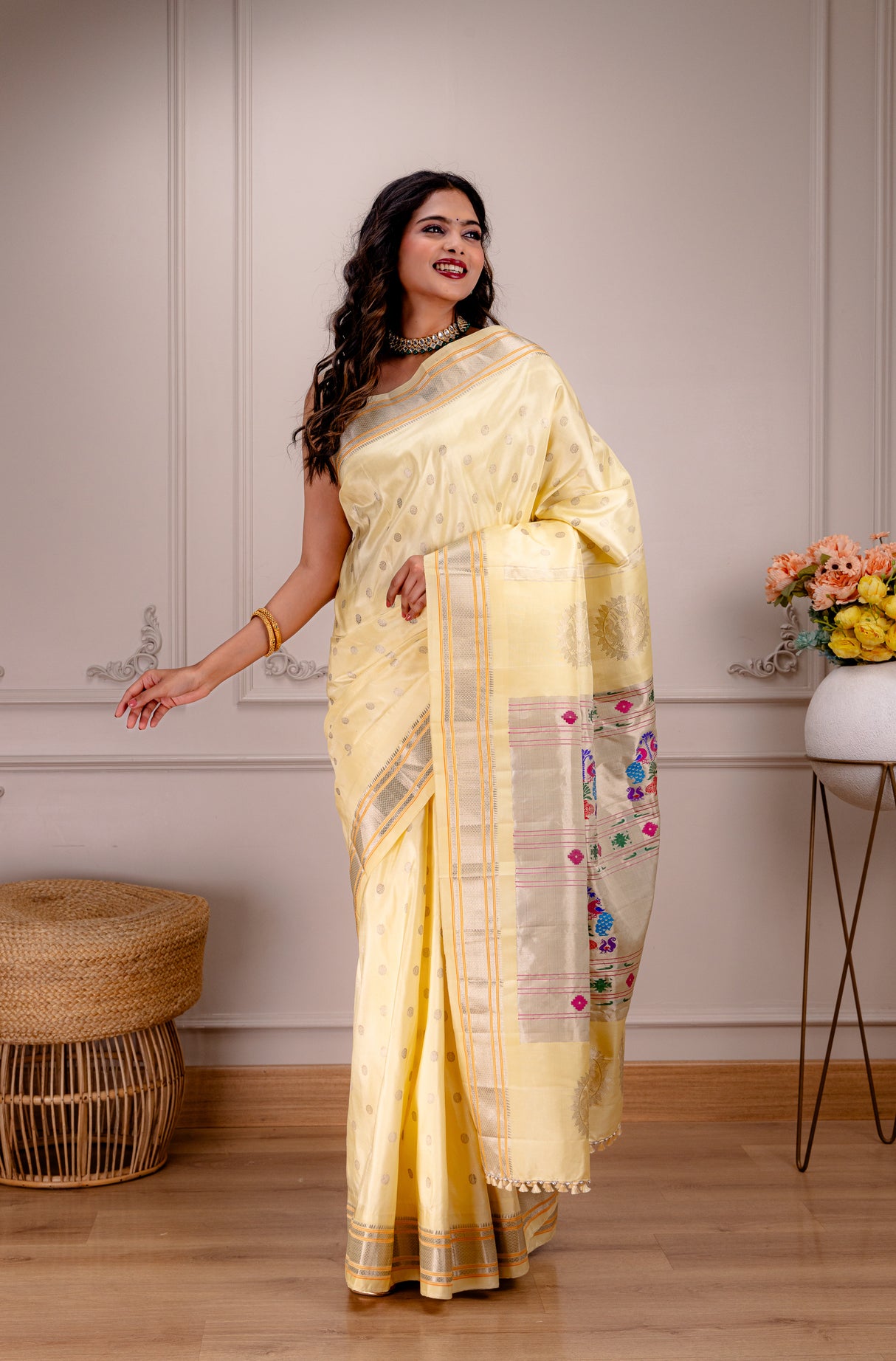 Maharani Kalanjali Pastel shade (custard cream) Silver Zari Paithani Handloom Pure Silk