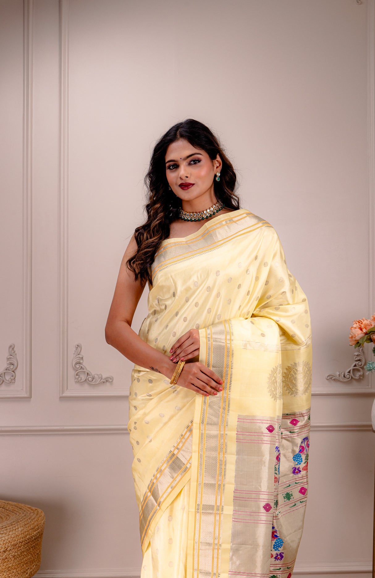 Maharani Kalanjali Pastel shade (custard cream) Silver Zari Paithani Handloom Pure Silk