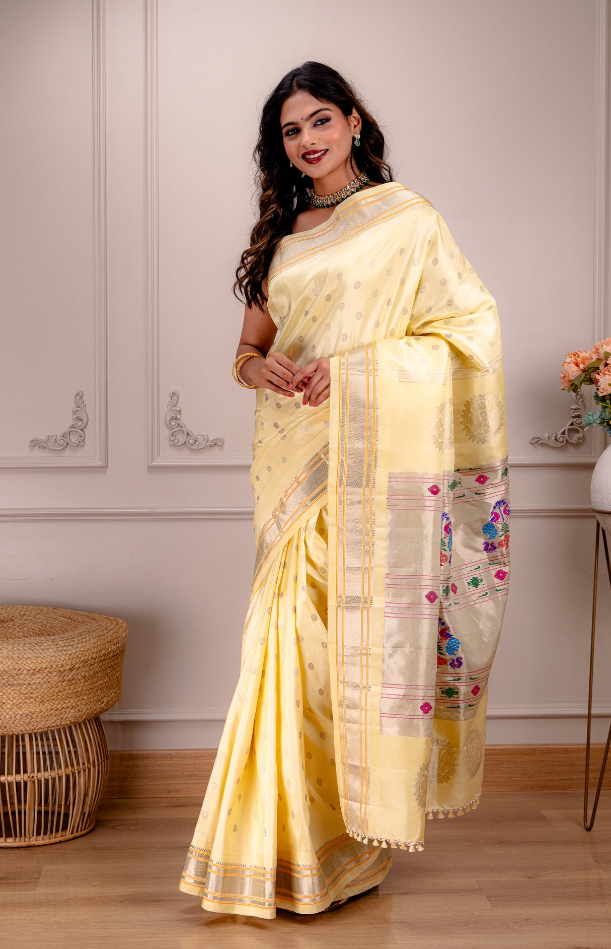 Maharani Kalanjali Pastel shade (custard cream) Silver Zari Paithani Handloom Pure Silk