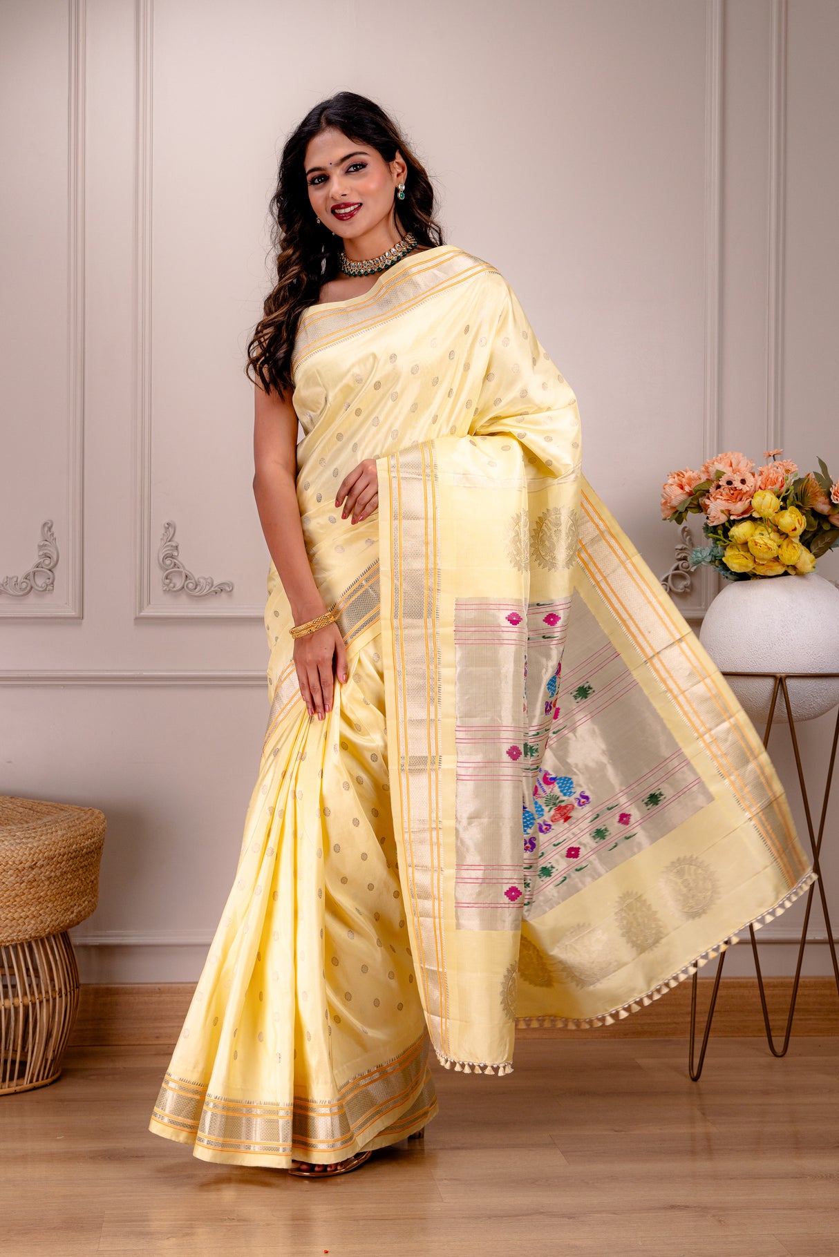Maharani Kalanjali Pastel shade (custard cream) Silver Zari Paithani Handloom Pure Silk