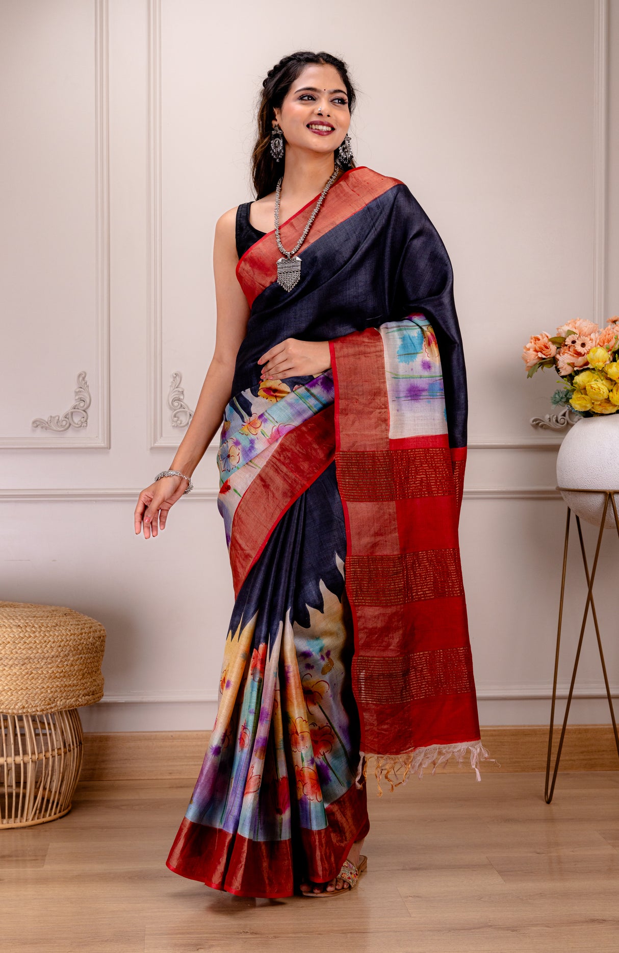 Hand Painted Tussar Pure Silk With Stitched Blouse