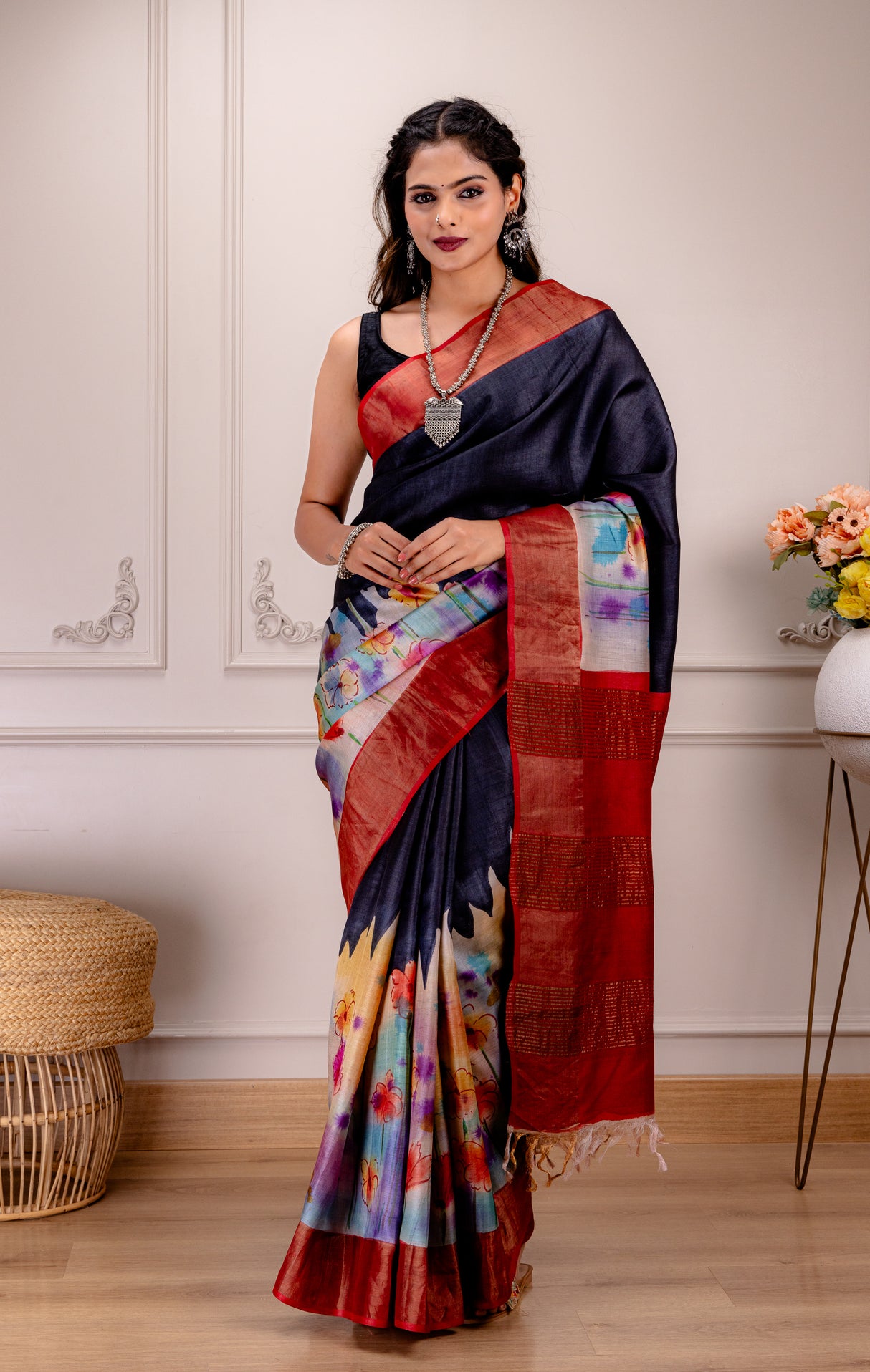 Hand Painted Tussar Pure Silk With Stitched Blouse