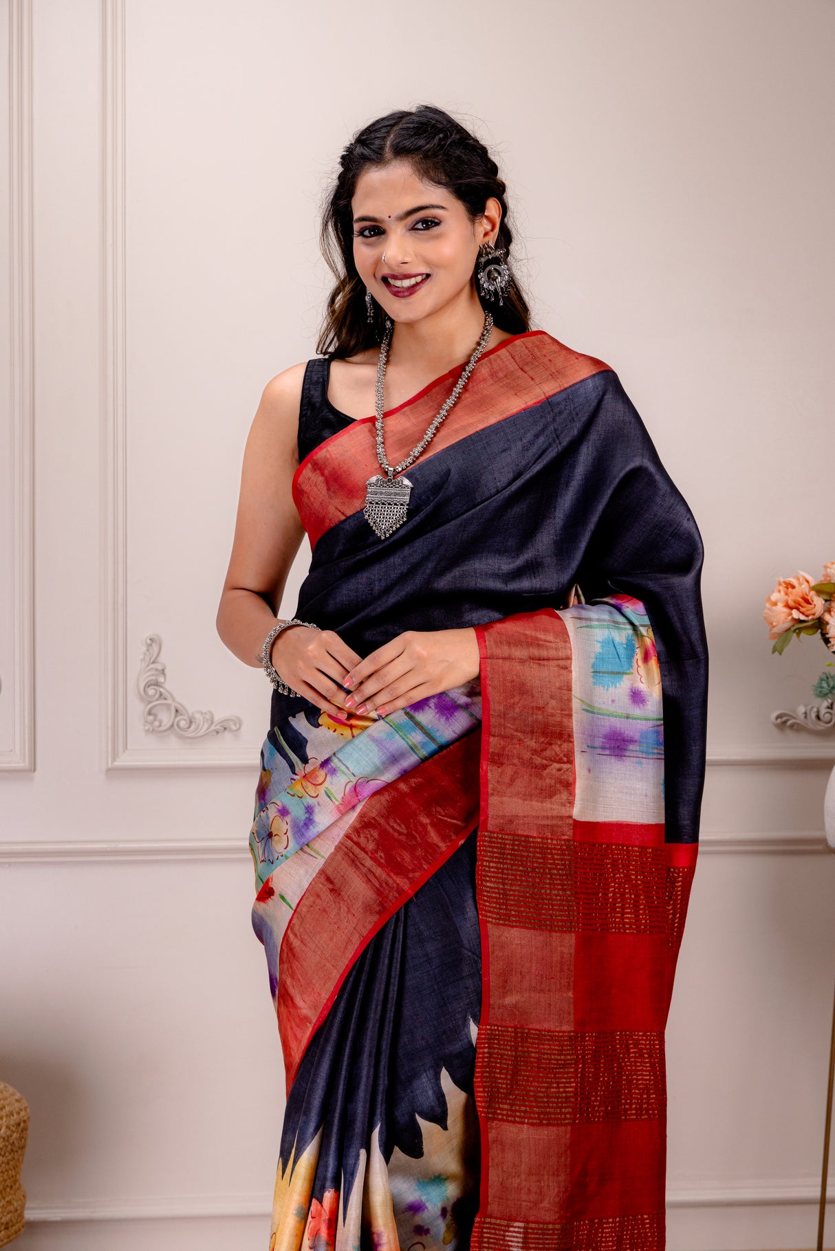 Hand Painted Tussar Pure Silk With Stitched Blouse
