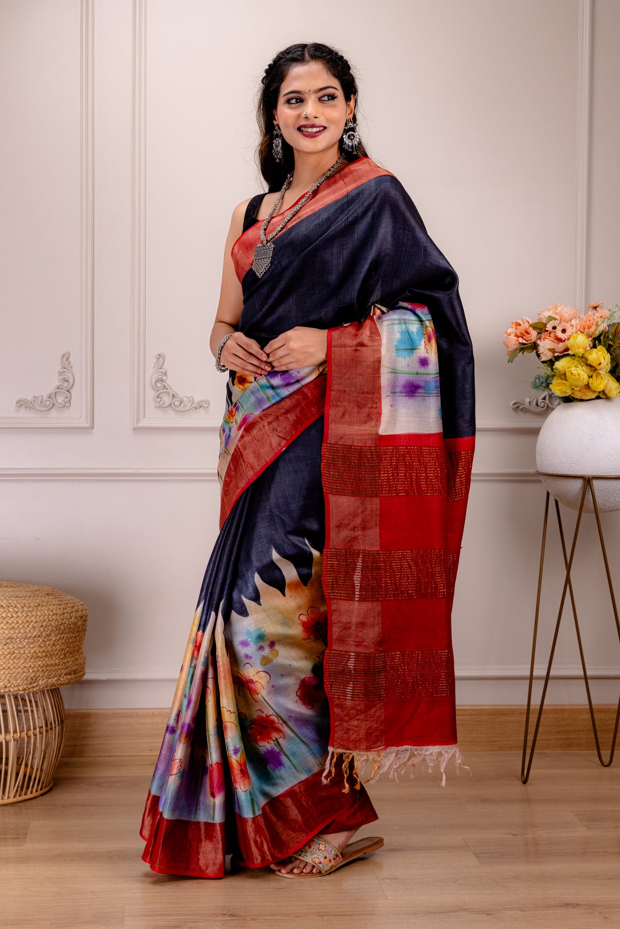 Hand Painted Tussar Pure Silk With Stitched Blouse