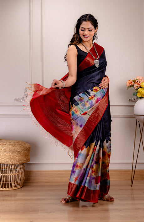 Hand Painted Tussar Pure Silk With Stitched Blouse