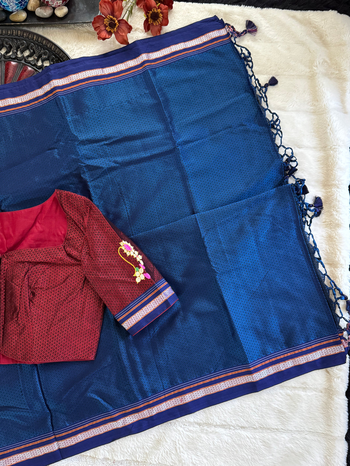 Navy Blue Maroon Nath Embroidered Khun Saree Set