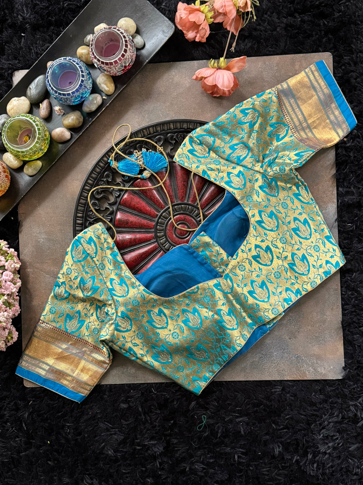 Turquoise Borocade With Narali Style Gold Zari Border 38