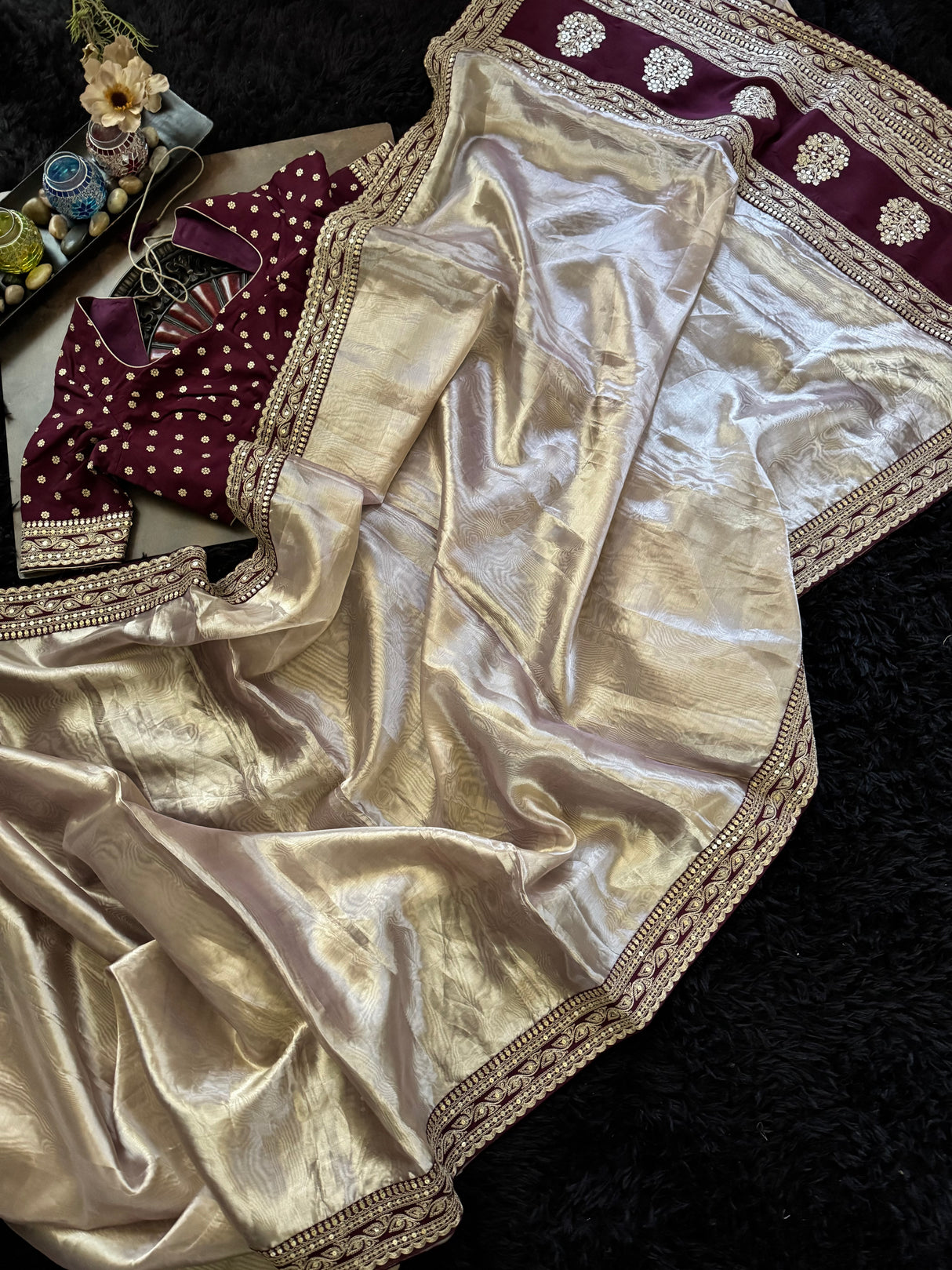 Tissue Kora With Sabyasachi Borders and Wine Designer Blouse