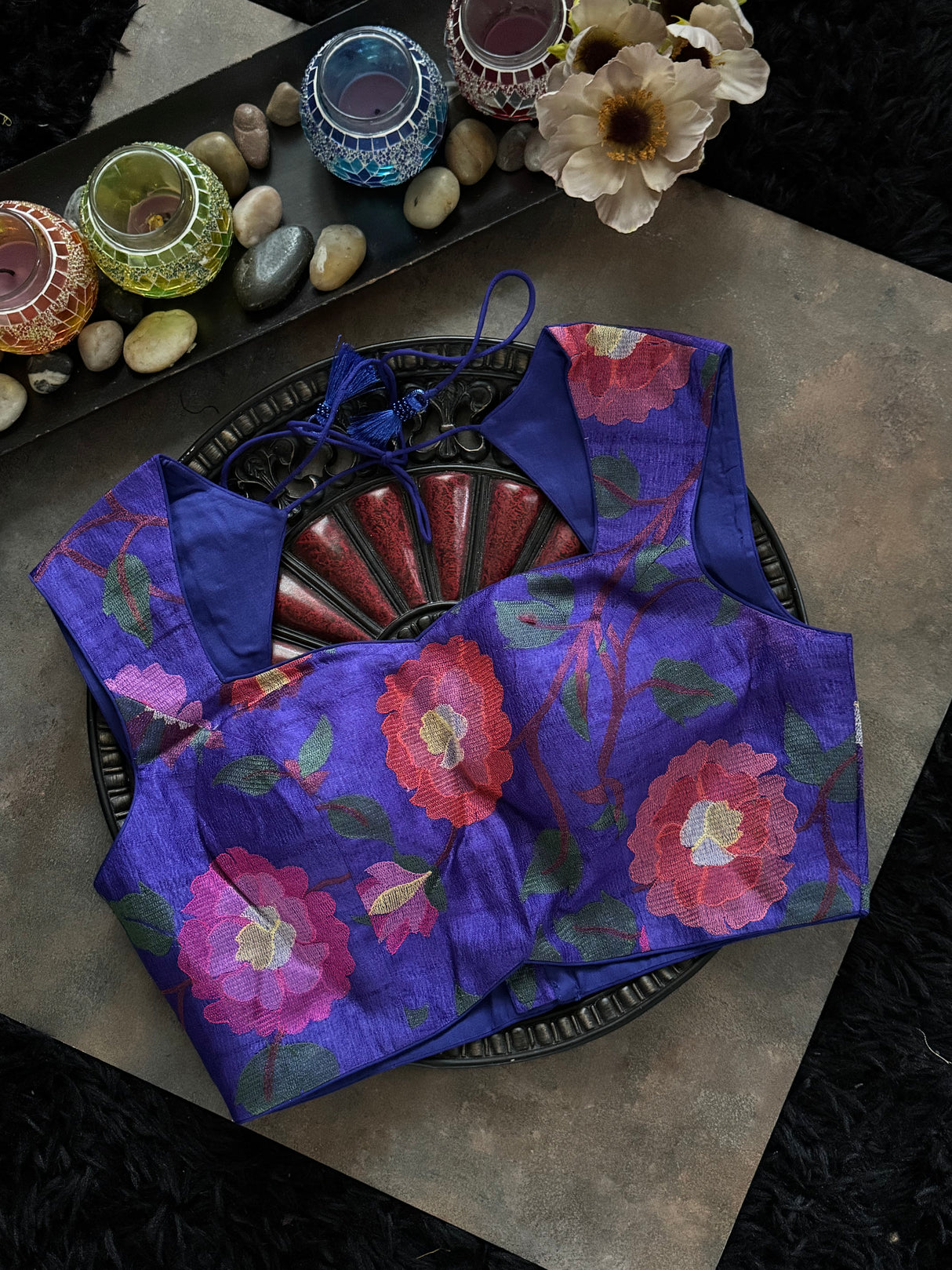 Royal Blue Closed Shoulder Floral Embroidered