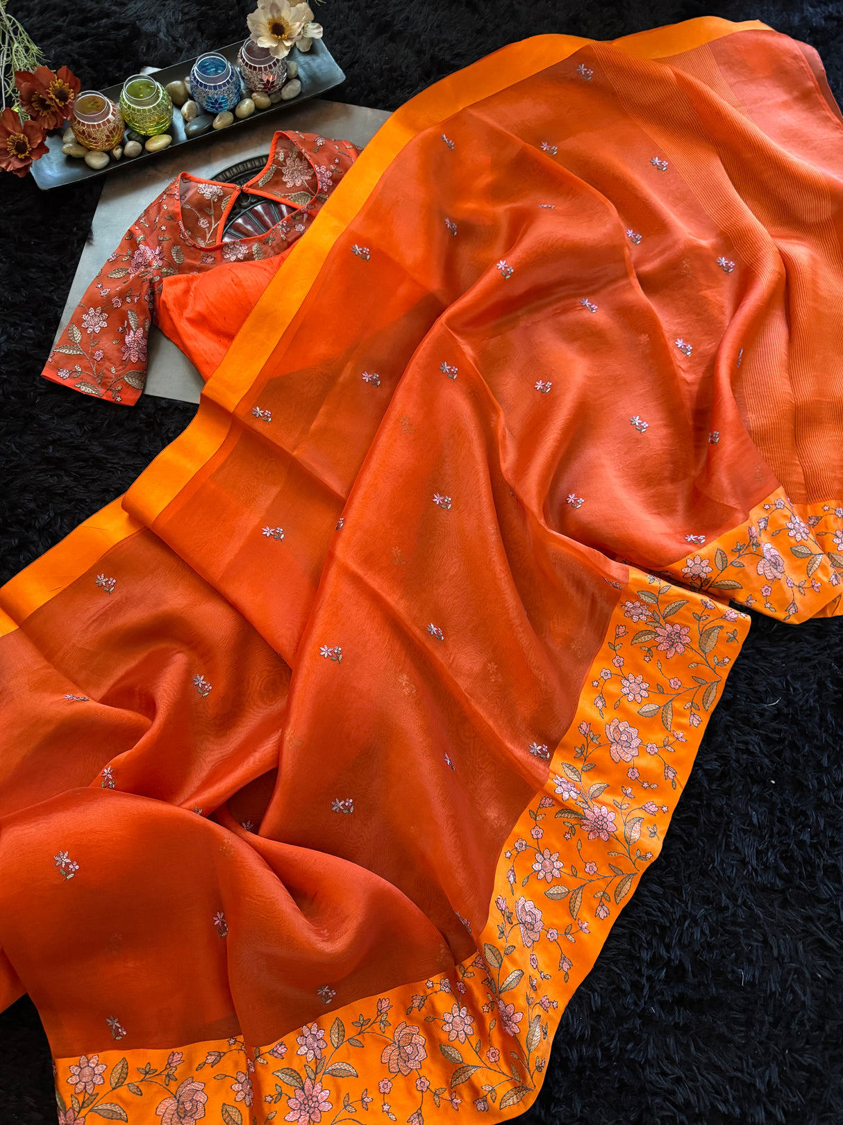 Rust Orange Organza With Embroidered border and Embroidered Blouse