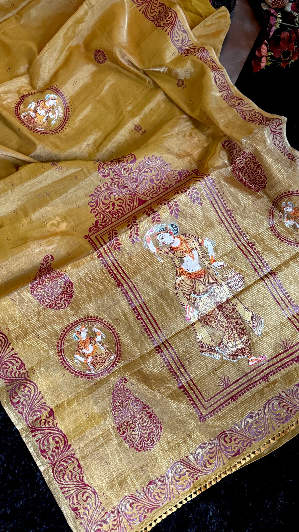 Mustard Gold Tissue saree Patachitra Painting