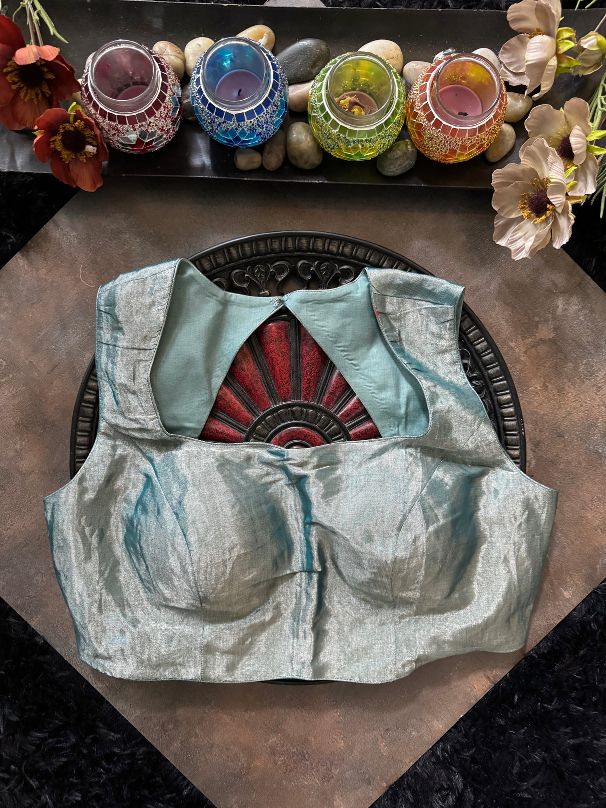 Powder Blue Tissue Closed Shoulder Sleeveless Blouse 38