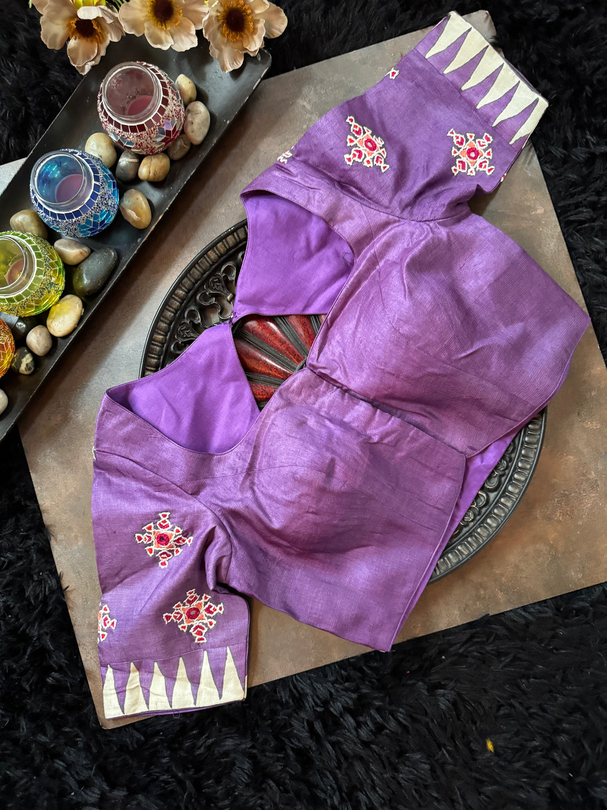 White Purple Kutch Work Tussar Silk