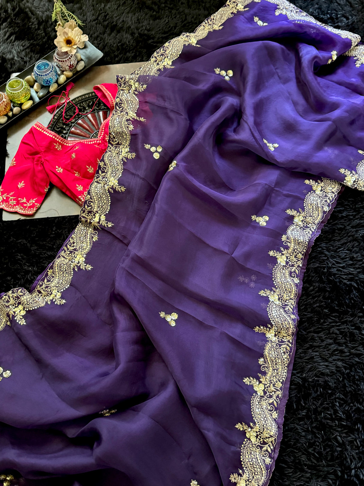 Purple Organza With Pink Contrats Blouse
