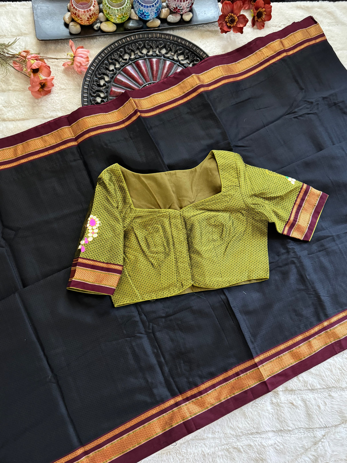 Black Olive Nath Embroidered Khun Saree Set