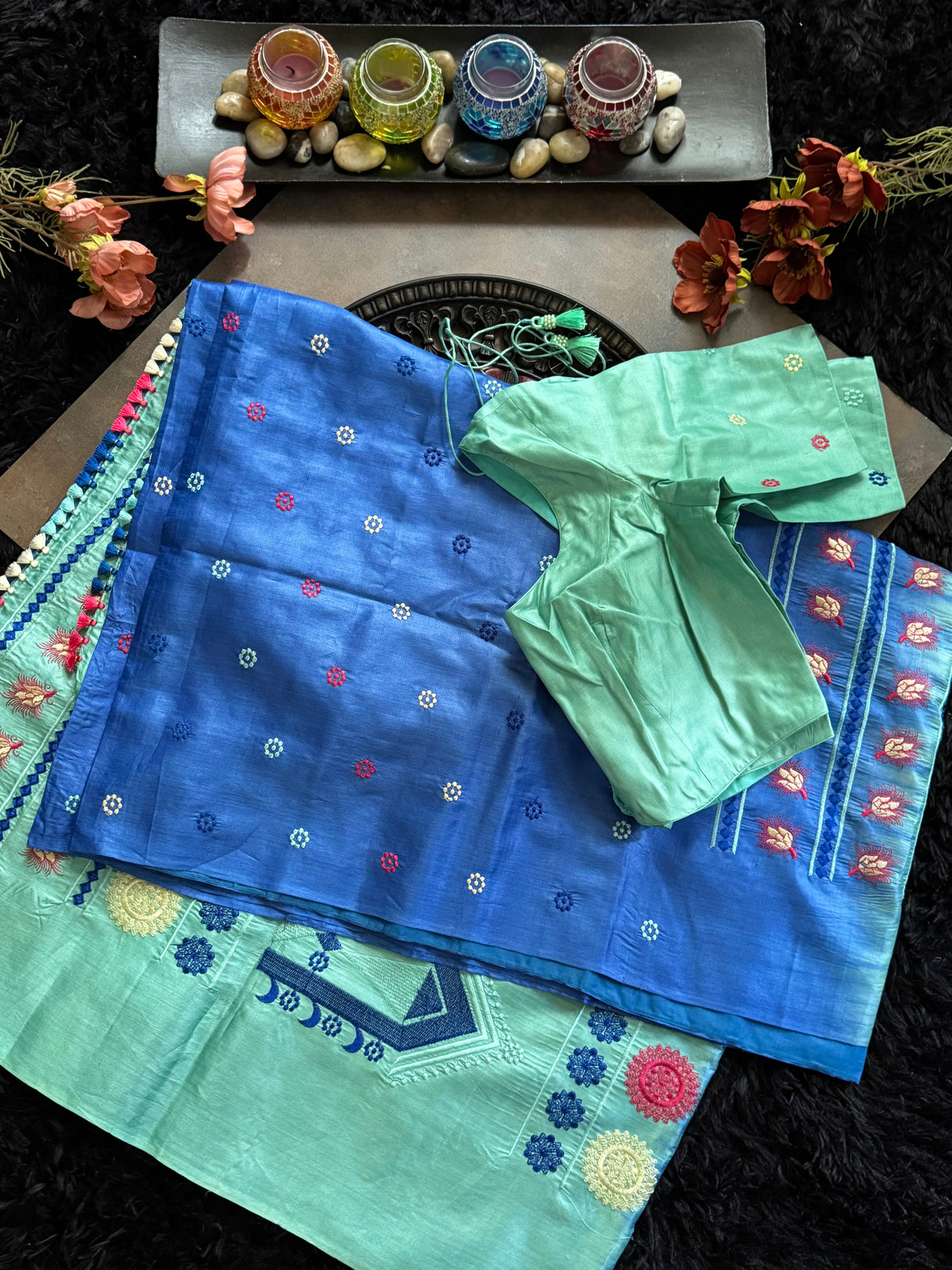 Blue Kosa Tussar Silk With Dolabedi Embroidered Pallu