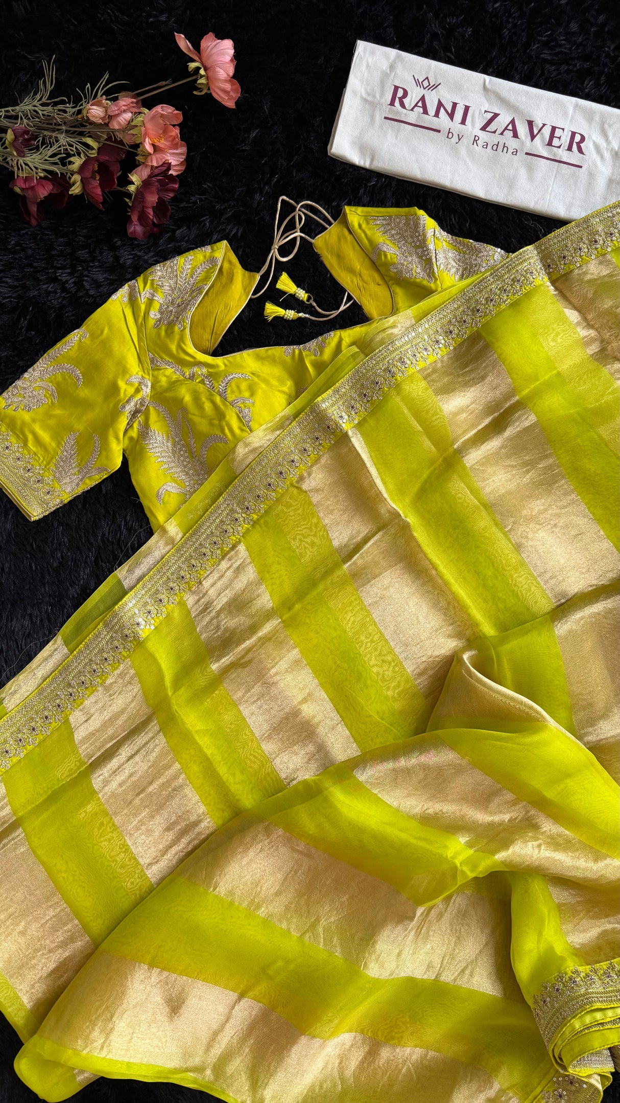 Chartreuse Tissue and Organza Silk Saree