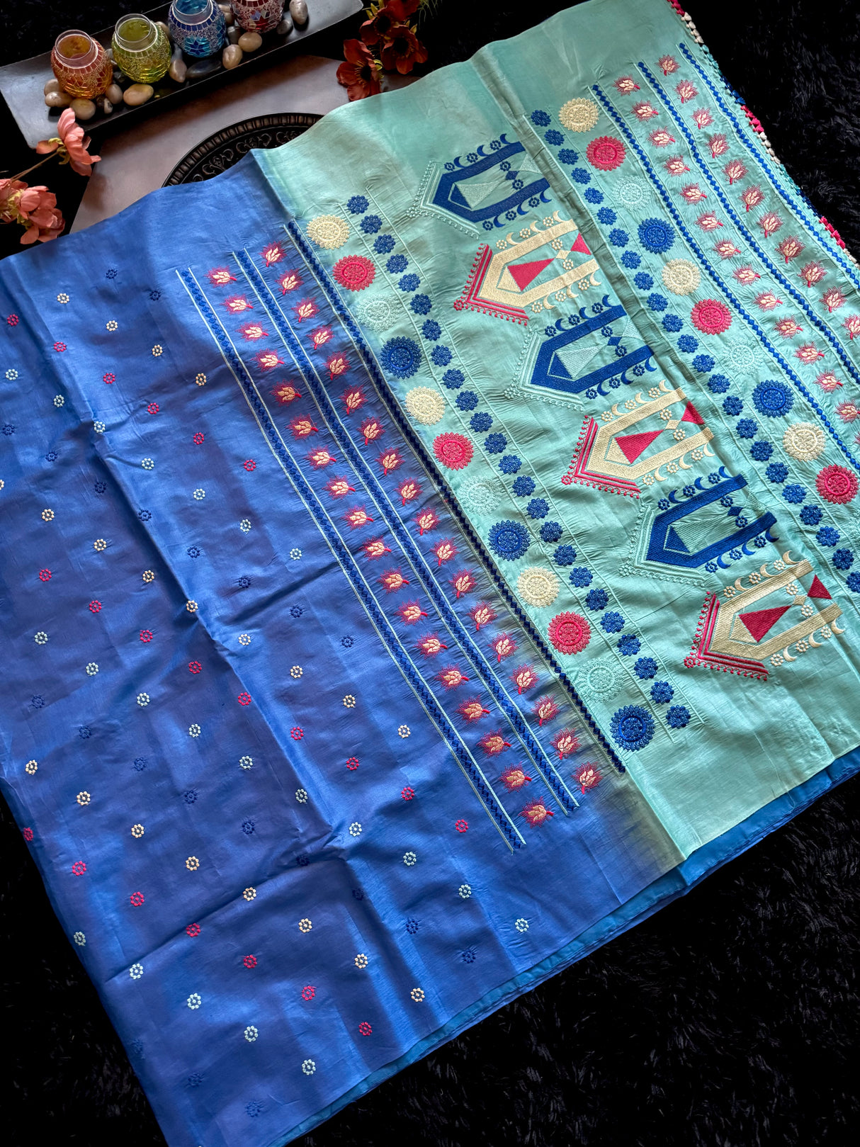 Blue Kosa Tussar Silk With Dolabedi Embroidered Pallu