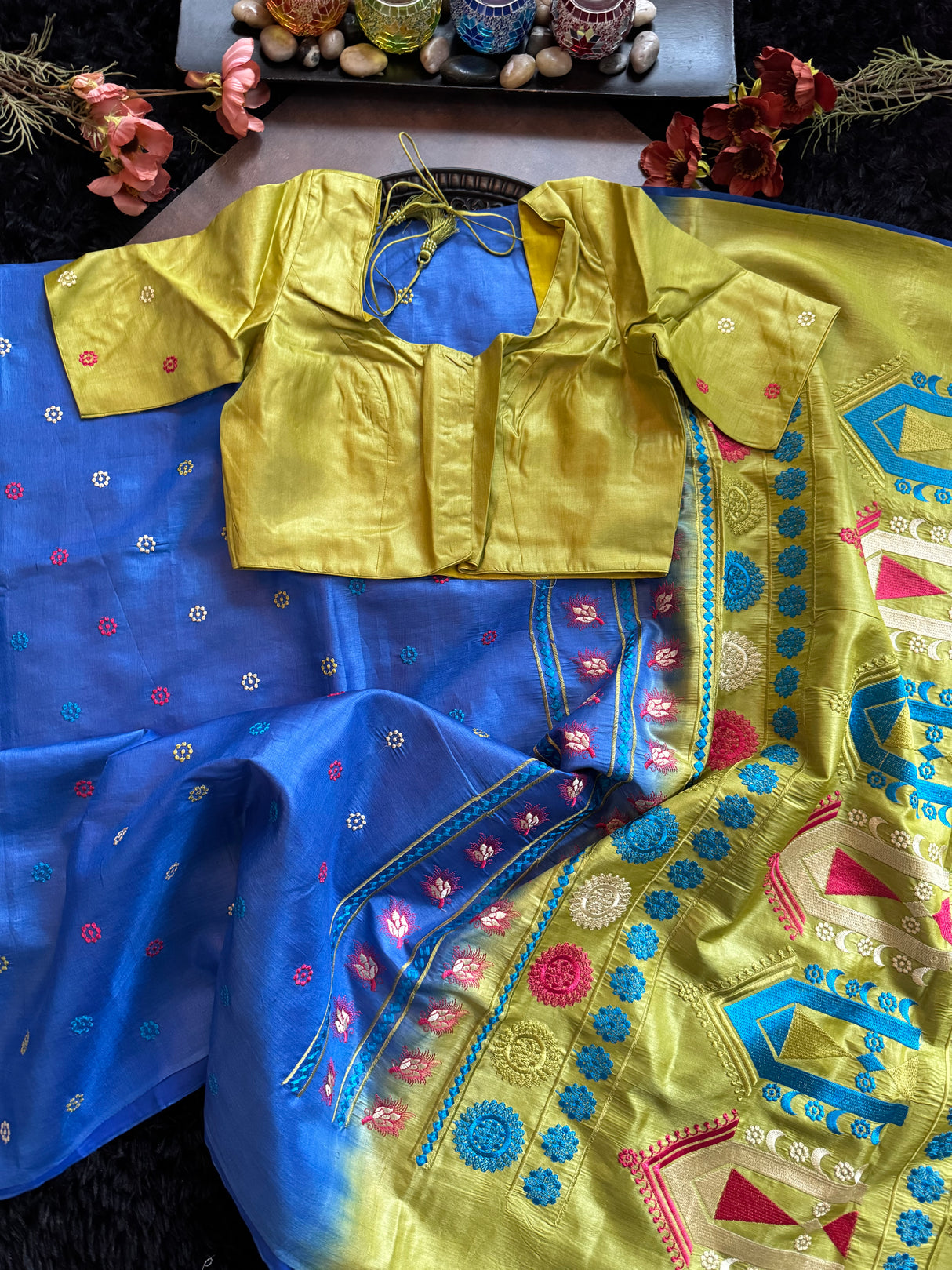 Blue With Green Kosa Tussar Silk With Dolabedi Embroidered Pallu