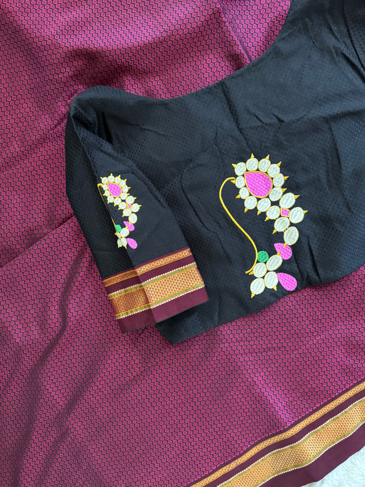 Wine Black Nath Embroidered Khun Saree Set