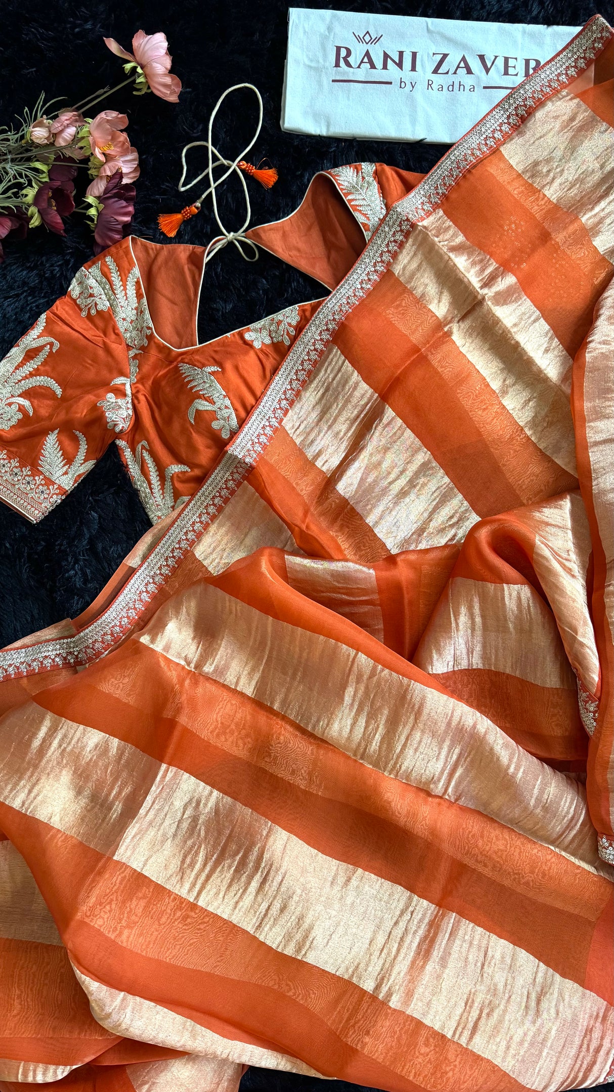 Rust Tissue and Organza Silk Saree