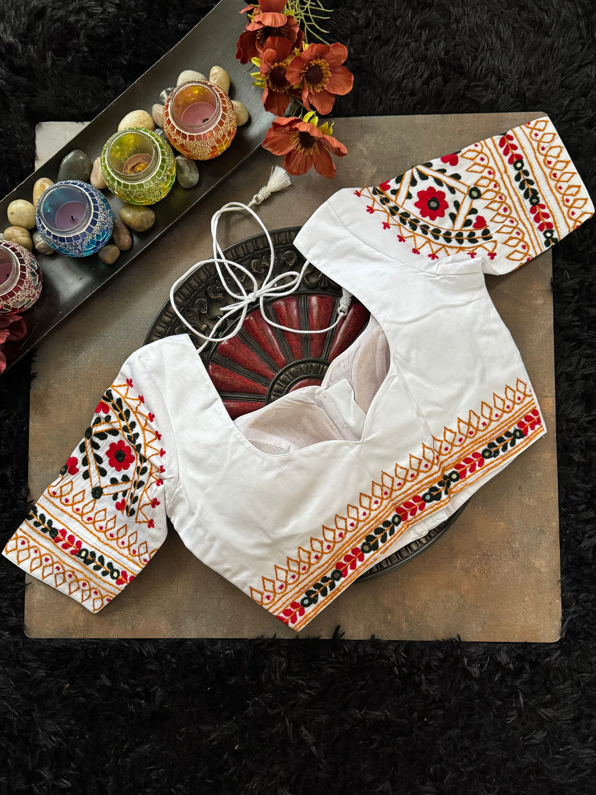 White Hand Embroidered Blouse 36 Red Green