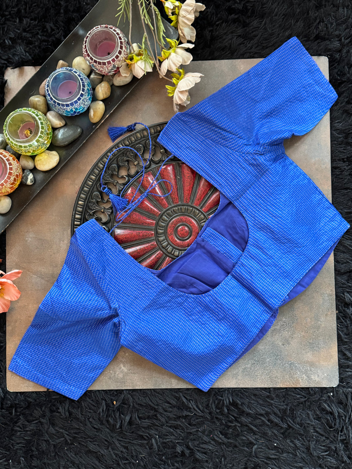 Royal Blue Vaira Ooosie Silk Leave Neck Blouse 38