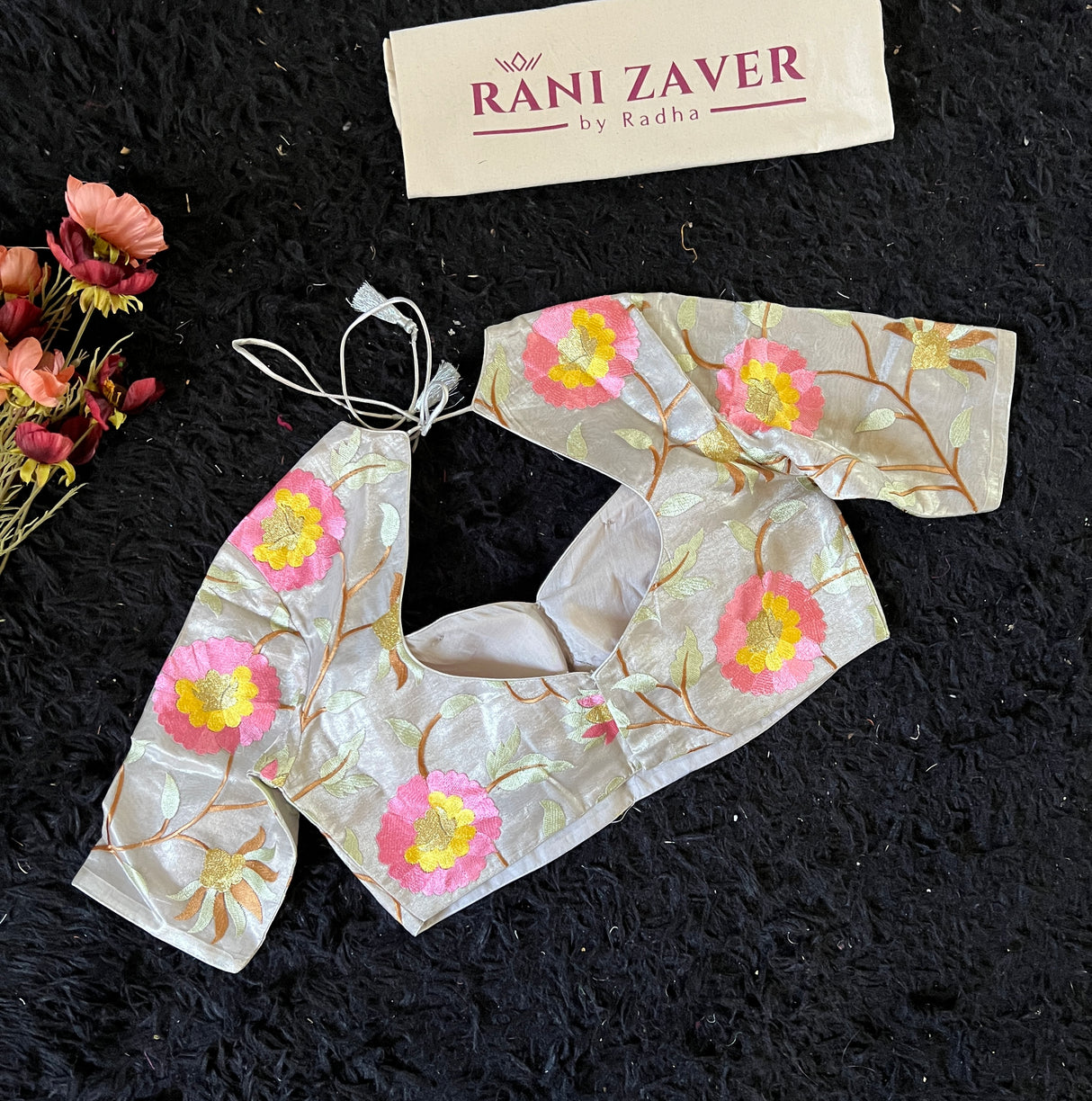 Silver Floral Border Organza