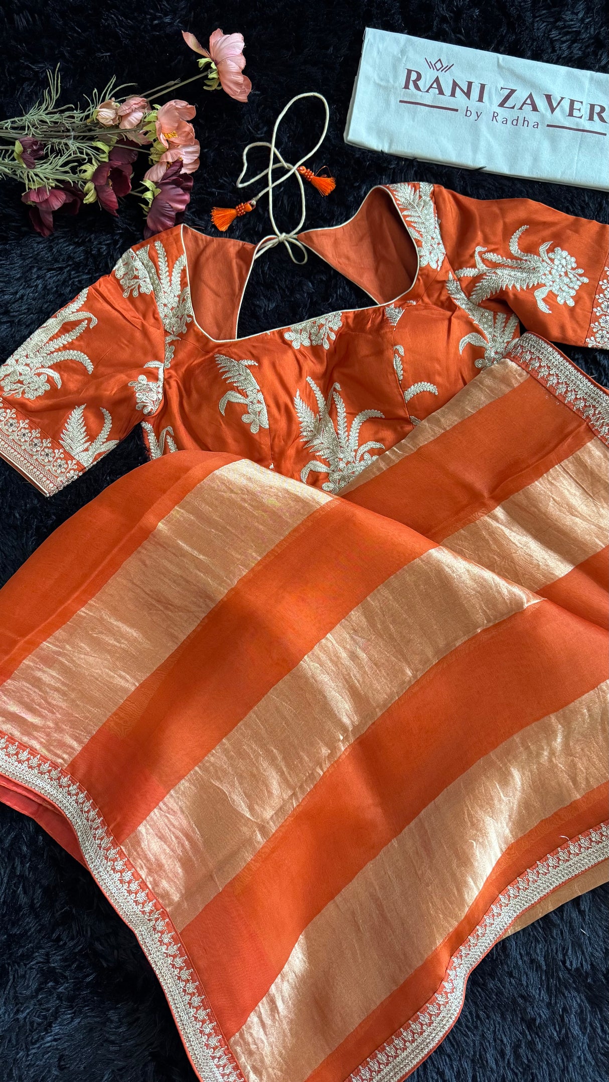 Rust Tissue and Organza Silk Saree