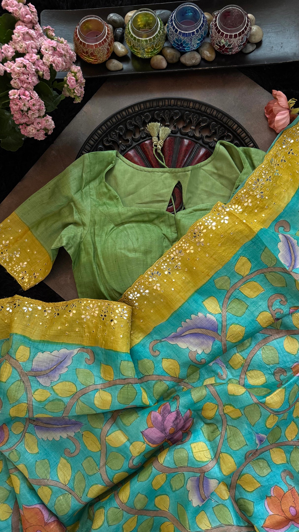 Turquoise Tussar Silk Hand Painted Kalamkari
