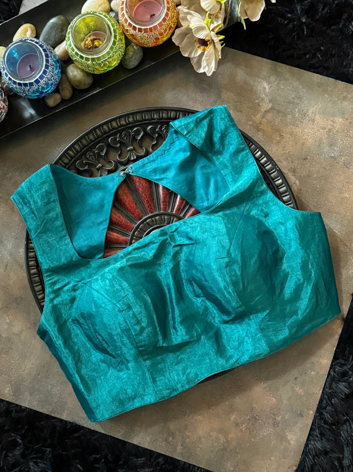 Teal Tissue Closed Shoulder Sleeveless Blouse 38