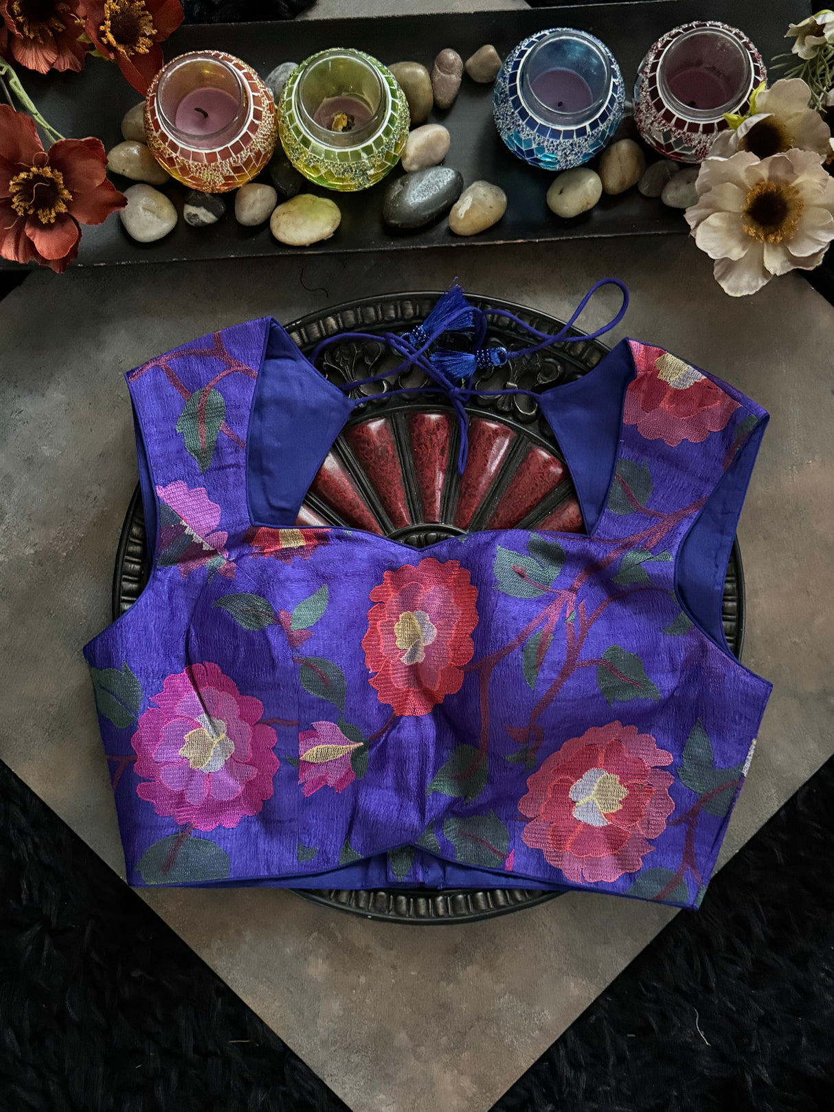 Royal Blue Closed Shoulder Floral Embroidered
