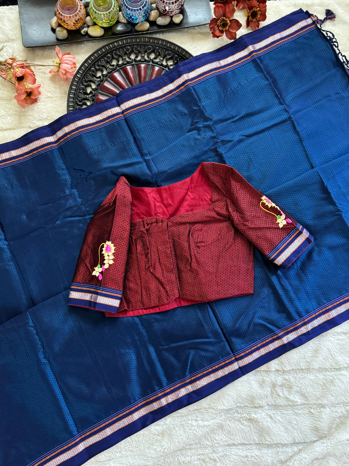 Navy Blue Maroon Nath Embroidered Khun Saree Set