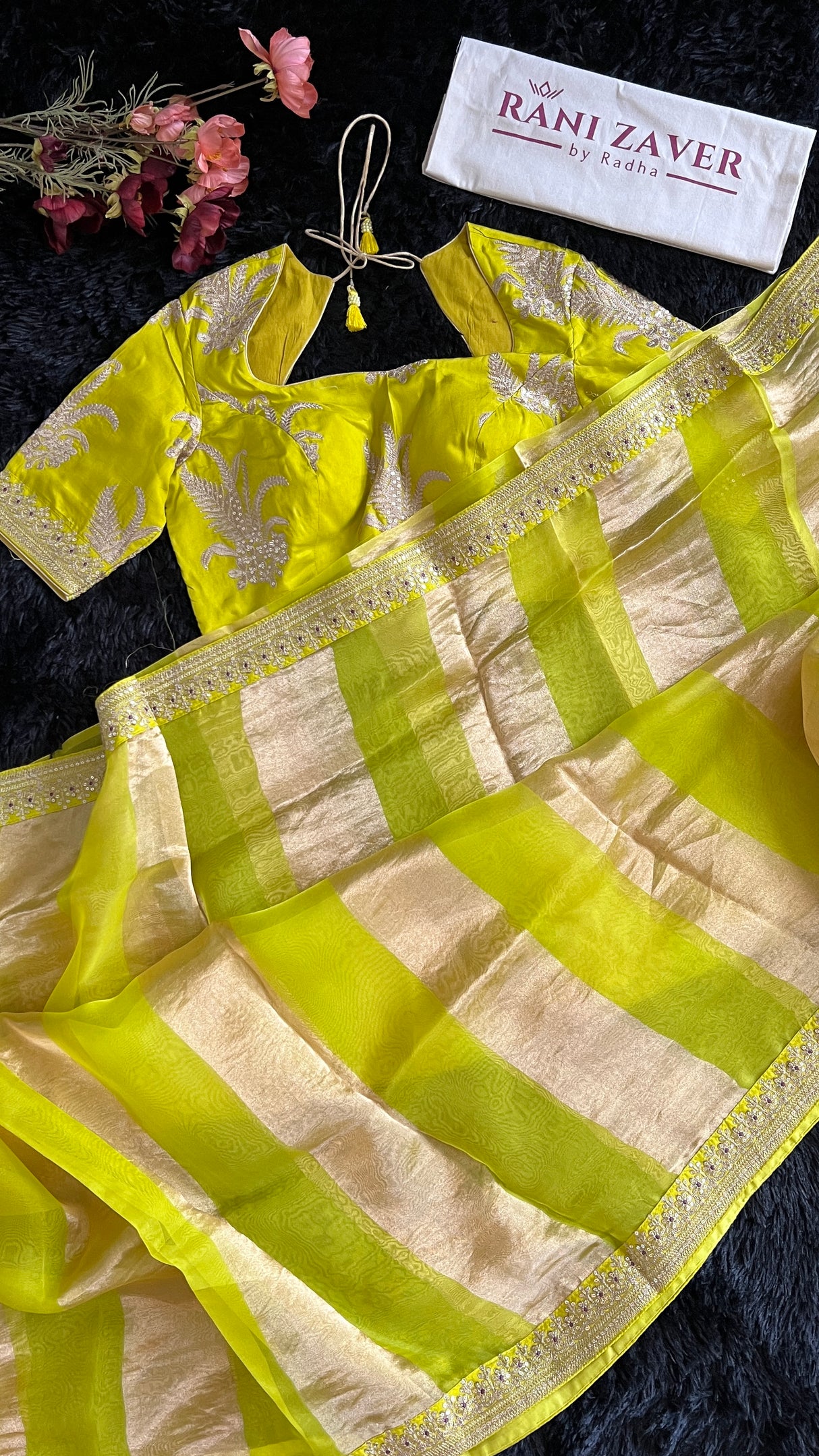 Chartreuse Tissue and Organza Silk Saree
