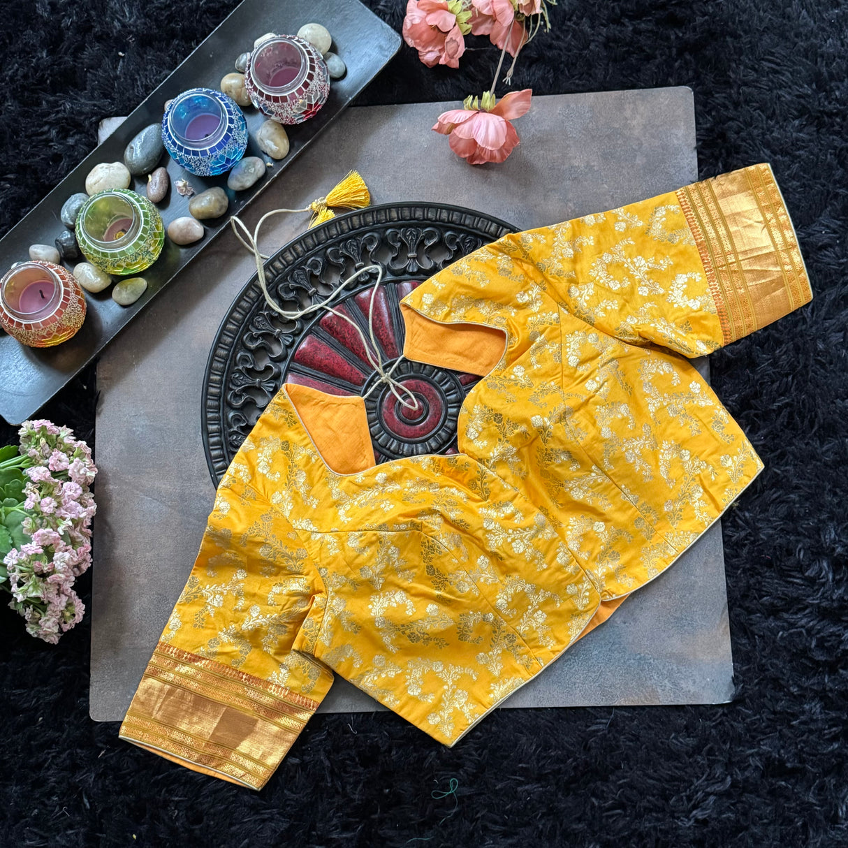 Yellow Jaal Brocade With Narali Style Gold Zari Border 38