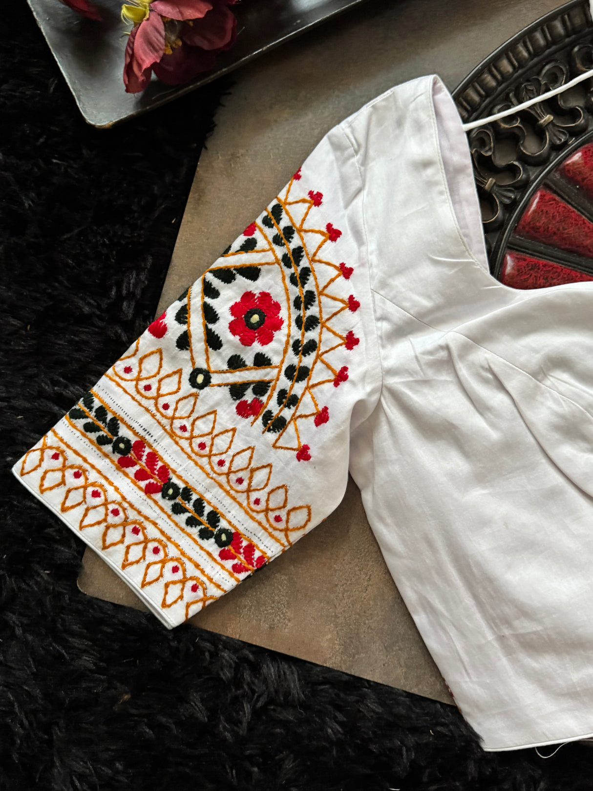 White Hand Embroidered Blouse 38 Red Green