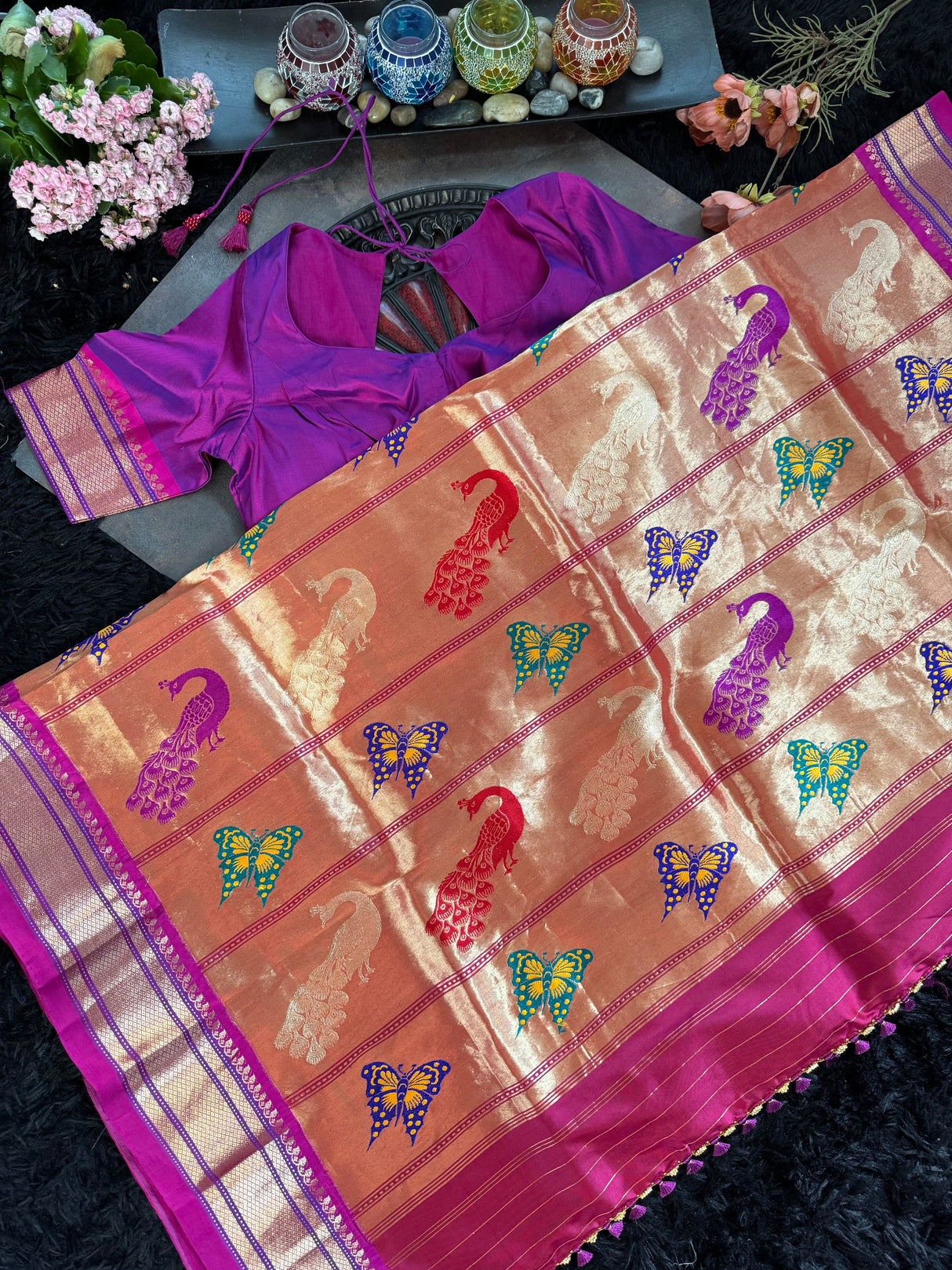 Purple Magenta Dual shade Yeola Paithani Narali Border Handloom Pure Silk